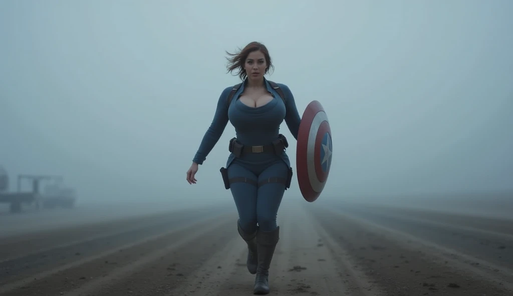 Scarlett Johansson as Black Widow, redhead, long hair, big breasts, skintight Black Widow costume, thick thighs, large visible cleavage, seductively stripping, San Francisco, public park, stage, public sex show, midday, stripping, stripper