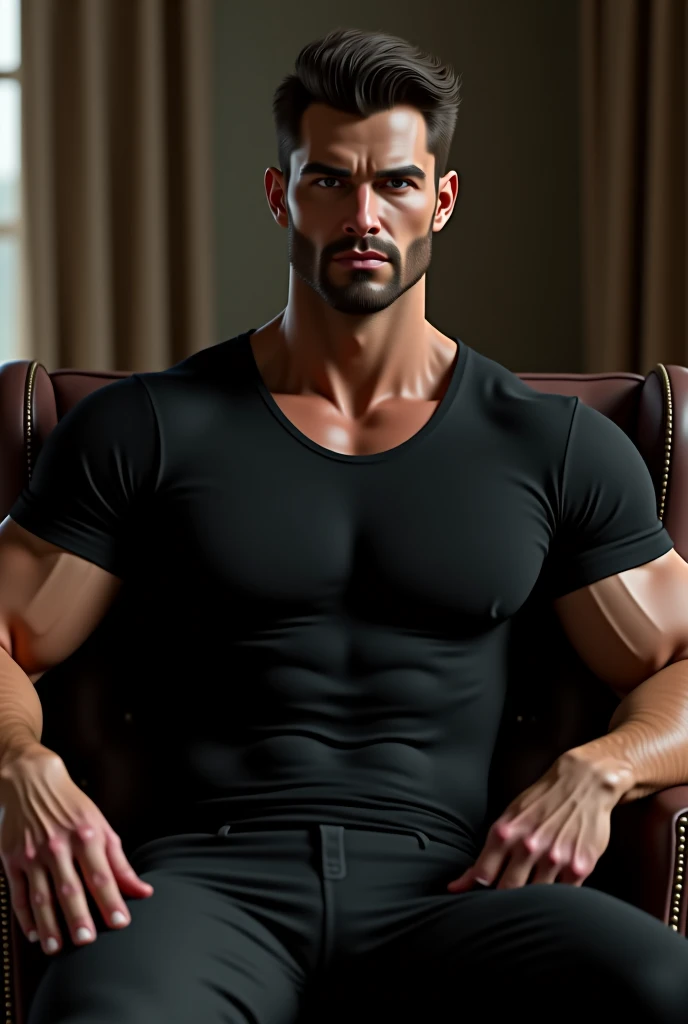 Create a muscular man with black hair and green eyes, side view, totally naked, without underwear, with his penis visible, with its lower part visible. symmetrical composition , sitting on an armchair with his legs wide open looking straight at the camera, authoritarian attitude, cynical smile, Smirking, a ring with a ruby , In the background a large art nouveau decorated salon, big windows, focus on the expression of man, He looks out the window and touches his circumcised veiny penis with big round hairy testicles shiny perfect, , whole body, NSFW