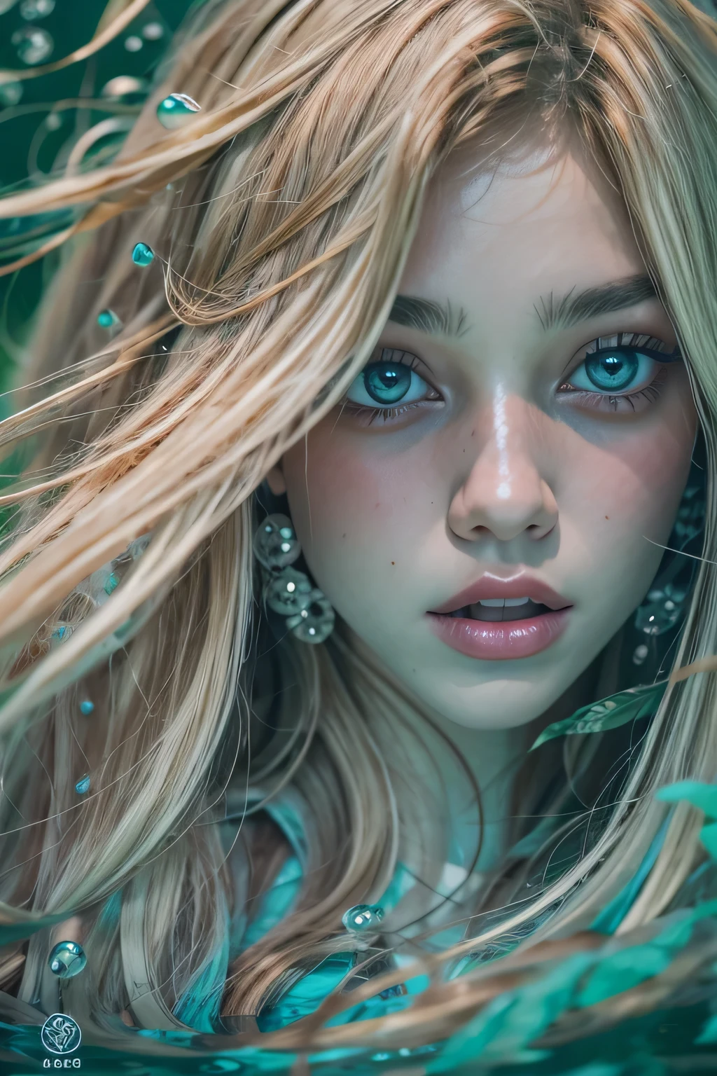 mermaid, girl, old wood ship, dark water, sharks, beautiful detailed eyes, beautiful detailed lips, extremely detailed eyes and face, long eyelashes, underwater, ocean, fantasy, cinematic lighting, dramatic lighting, moody, dark colors, deep ocean, bioluminescent