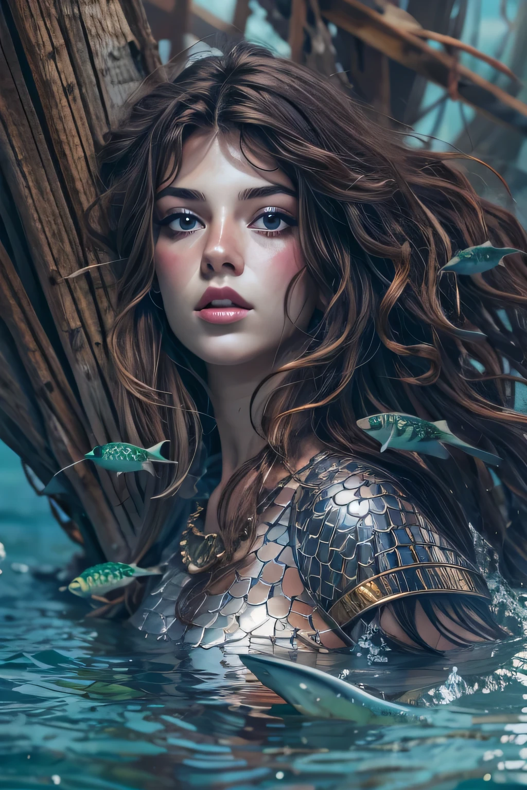 mermaid, girl, old wood ship, dark water, sharks, beautiful detailed eyes, beautiful detailed lips, extremely detailed eyes and face, long eyelashes, underwater, ocean, fantasy, cinematic lighting, dramatic lighting, moody, dark colors, deep ocean, bioluminescent