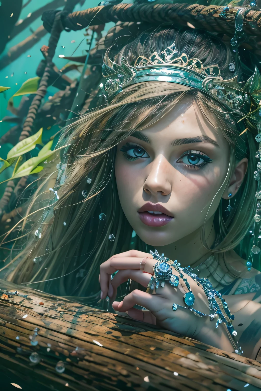 mermaid, girl, old wood ship, dark water, sharks, beautiful detailed eyes, beautiful detailed lips, extremely detailed eyes and face, long eyelashes, underwater, ocean, fantasy, cinematic lighting, dramatic lighting, moody, dark colors, deep ocean, bioluminescent