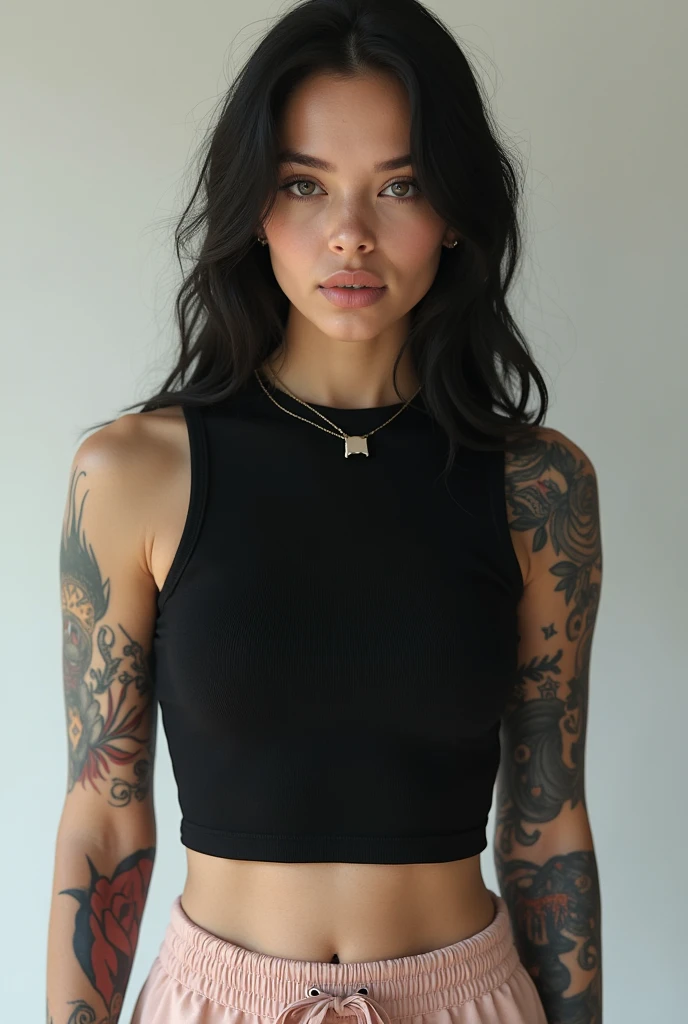 Woman with tattoos of flowers and swords on her arm standing, cabelo cacheado e preto com as pontas verdes e comprido, serious facial expression, pele marrom, rosto redondo, 25 anos de idade, medium breasts, wearing a black t-shirt and black pants, usando coturno, with a microphone in his right hand, piercing de argola no nariz, ring lip piercing, average height, gordinha