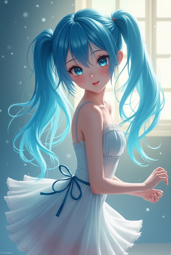 Beautiful girl with long light blue hair, twin tails, rhythmic gymnastics ribbon, cute leotard, bright smile