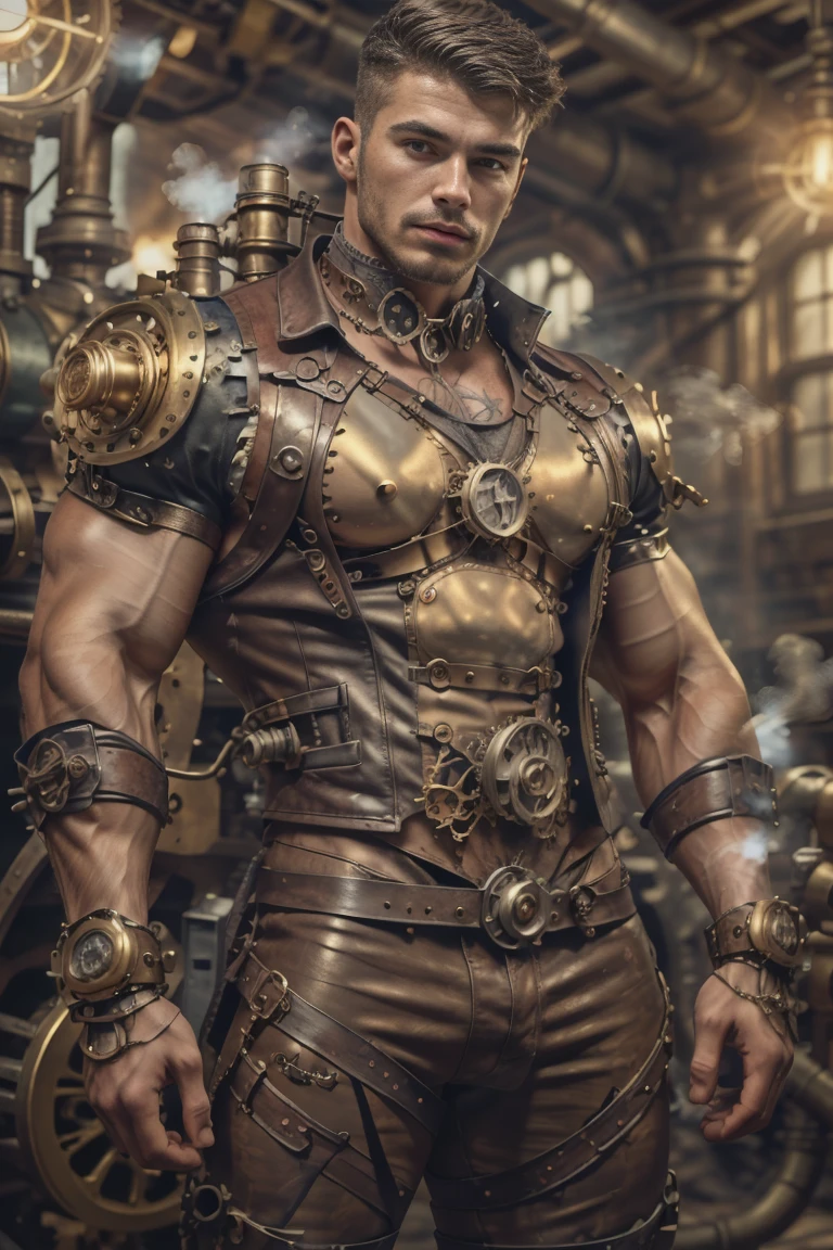 ((Masterpiece, High Quality)), Best Quality, highly detailed , ultrarealistic , cinematic ,realistic , photorealistic realistic eyes, intricate details, detailed background, depth of field, dynamic pose, dynamic angle ,male focus ,muscled man (1.0) ,handsome (detailed face) ,Young Arafed muscular chiseled very handsome man , (( steam4rmor,A muscular, attractive man dressed in a detailed steampunk outfit. nut showing his muscled body ,chest and abs ,The outfit includes leather straps, brass gears , a vest, and metallic accents. The man has a confident and alluring pose, with a mysterious expression. The background features an industrial steampunk setting with steam pipes, machinery, and a warm, vintage dark atmosphere , highly detailed, , detail face, tool enhancer ,slider 1.0)), realistic, masterpiece, intricate details, detailed background, depth of field, photo of a man ,looking like courage , ((light bokeh)) , highlighting the strong muscle lines , symbol of strength. Perspective and perspective: shooting from a low angle , highlighting the height and majesty of men. Or use a side perspective to show the posture and tattoo of a men.