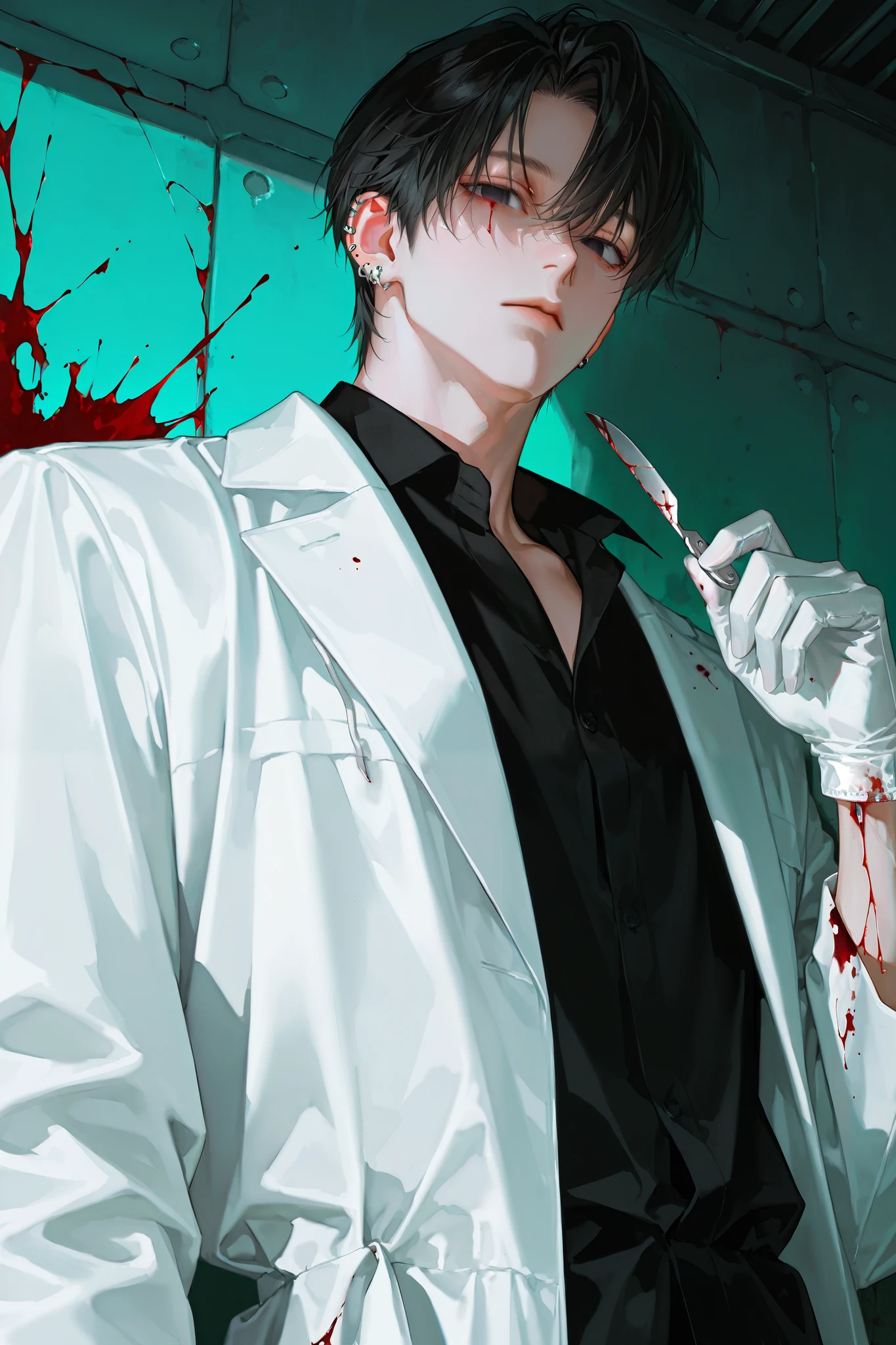 mature male, maturity, handsome, solo, 1 man, male focus, black hair, short hair, black eyes, black shirt, (unbutton shirt: 1.3), from below, looking down at viewer, upper body, masculine, handsome face, (white doctor coat covered in blood:1.2), (blood splatter:1.3), (bloody medical gloves:1.1), (holding bloody scalpel:1.2), (cold dead eyes:1.3), (expressionless:1.4), (empty eyes:1.2), piercings, concrete walls, (red lighting:0.8), (green lighting:0.8), (medical equipment:0.7), perfect anatomy, perfect hands, thickly painted, perfect eyes ,semi-realistic art , semi-realistic art style, expressive brushstrokes, vibrant brushstrokes, impressionistic painting, realistic skin, realistic hair, realistic details, photo-realistic, high details