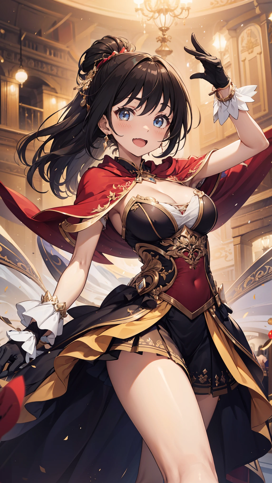 Human Woman。smile、Fantasy world western cityscape、Dark brown ponytail、Amazoness、Uplifting、Slightly open legs、Colorful clothing