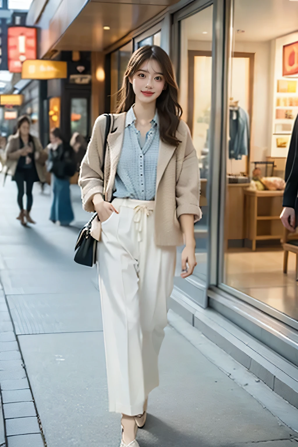 (( Best Quality )), ((masterpiece)), ( Details ), 1girl ,18 year old japanese girl , First person perspective , real person, 8k octagonal rendering , Shine Effect , Aho, preauricular hair, , Medium chest ,Lace-up High Heels ,pedestrian mall,Clear facial features, smile, full body photo, beige gaucho pants, White ensemble of two 、 denim jacket、gray vest,
Attractive Smile ,