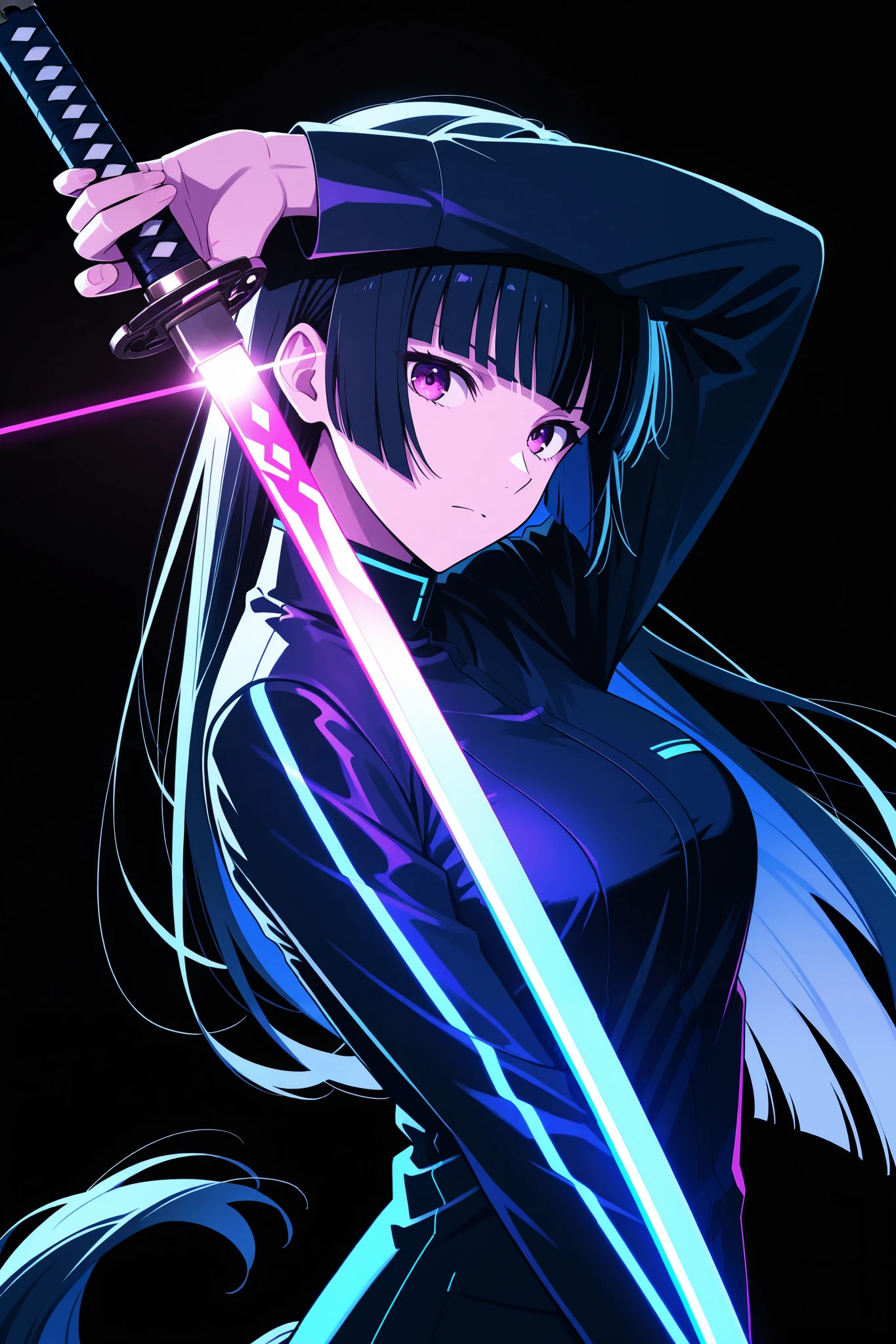 masterpiece, top quality , great quality, Character Focus , minimalist, Side Angle , upper body, hime cut, Long horse tail , cybernetic ,I have Katana, pose,dynamic angle, focus on face , viewers, Backlight, one side light ,round background , with blue neon light, black background