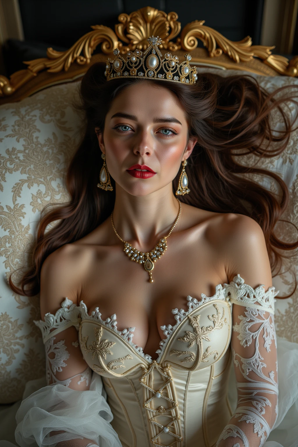 (photorealism:1.2), Using Imperial Europe Dress Black Colour and crown, beautiful Queen, lying on the bed, A close-up to face and straight-on view from above, good body, straight body possure, big breasts, moderate emotion, Ukraine girl, sweet smile.