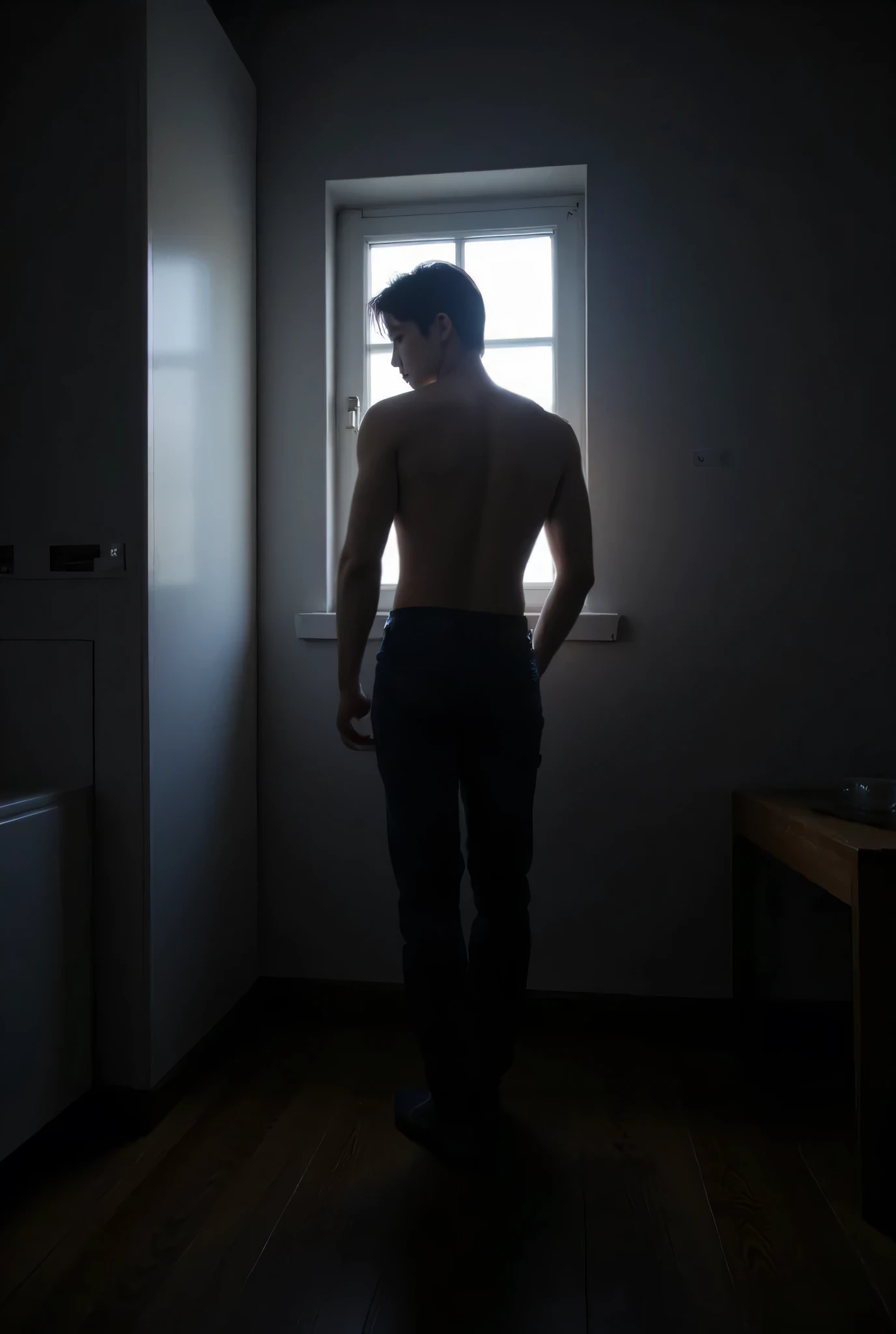 Cinematic light ,Horror movie poster,a full body of nude ass Korean teenage boy turn back sideways high definition handsome face cute boy comma hair sharp eyes ,naked, sideways turn back walking on abandoned farm castle street, naked ass, skinny thin slim body.