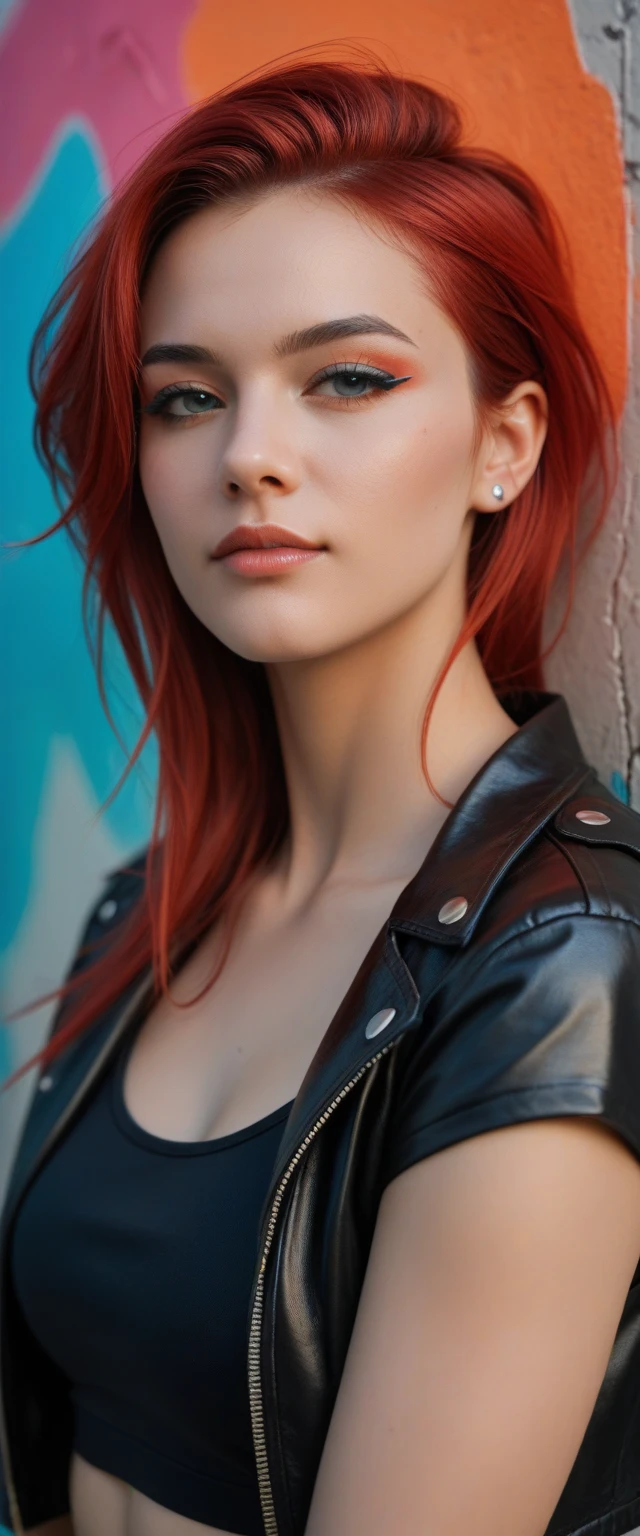 instagram photo, 18 years old, italian woman, ((punk red hair)), ((dark blue eyes)), , (((supermodel face))), ((sexy punk outfit, torn shirt)), (cleavage), hard shadows, [8K, Best Quality, Masterpiece, Ultra High Resolution, (highly detailed CG unity 8k wallpaper), (best photo), (best shadows), isometric 3D, octane rendering, ray tracing, highly detailed, Realistic hands. Blurred foreground], summer atmosphere, (no makeup)