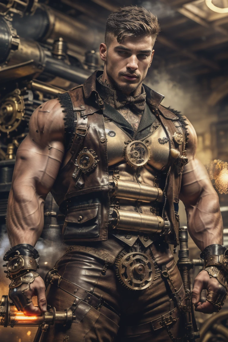 ((Masterpiece, High Quality)), Best Quality, highly detailed , ultrarealistic , cinematic ,realistic , photorealistic realistic eyes, intricate details, detailed background, depth of field, dynamic pose, dynamic angle ,male focus ,muscled man (1.0) ,handsome (detailed face) ,Young Arafed muscular chiseled very handsome man , (( steam4rmor,A muscular, attractive tattooed man dressed in a detailed steampunk vest not covering his chest and abs, showing his muscled body with tattoos ,The outfit includes leather straps, brass gears , a vest, and metallic accents. The man has a confident and alluring pose, with a mysterious expression. The background features an industrial steampunk setting with steam pipes, machinery, and a warm, vintage dark atmosphere , highly detailed, , detail face, tool enhancer ,slider 1.0)), realistic, masterpiece, intricate details, detailed background, depth of field, photo of a man ,looking like courage , ((light bokeh)) , highlighting the strong muscle lines , symbol of strength. Perspective and perspective: shooting from a low angle , highlighting the height and majesty of men. Or use a side perspective to show the posture and tattoo of a men.
