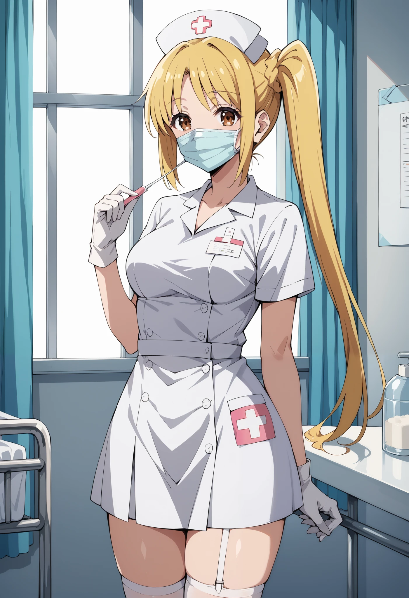 Score_9, score_8_up, score_7_up, source_anime, nijika ijichi, yellow hair, brown eyes, side ponytail, (best quality), (high quality), {masterpiece}, extremely delicate and beautiful, ultra-detailed, beautiful detailed eyes, nurse, nurse hat, ((white nurse's outfit)), white gloves, white legwear, zettai ryouiki, hospital room, ((white surgical mask, covered nose)), standing