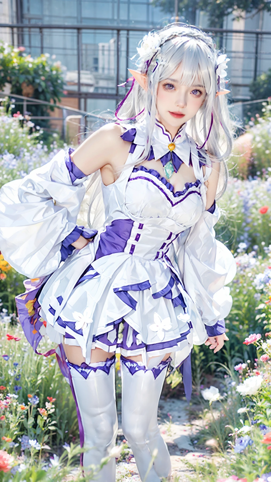 flower, emilia \(re:zero\), white flower, hydrangea, hair ornament, 1girl, blue flower, hair flower, white rose, rose, long hair, purple eyes, flower field, pointy ears, bangs, ribbon, outdoors, hair ribbon, purple flower, purple ribbon, braid, field, smile, bouquet, day, open mouth, medium breasts, boots, x hair ornament, breasts, miniskirt, eyebrows visible through hair, sky, bare shoulders, skirt, cloud, detached sleeves, holding bouquet, standing, pleated skirt, purple rose, white legwear, looking at viewer, :d, cloudy sky, silver hair, blue rose