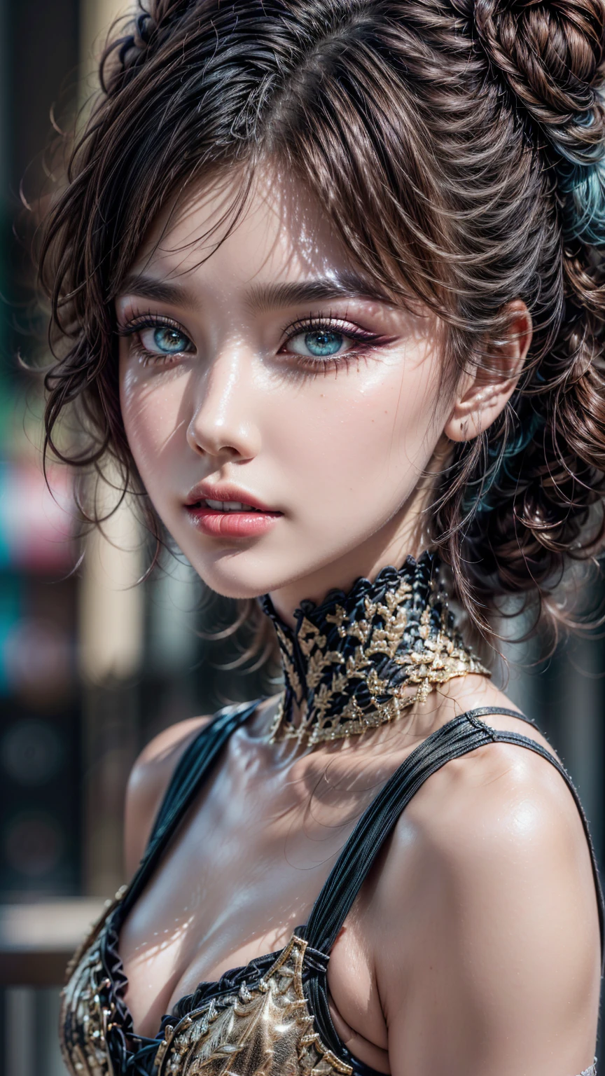 A very beautiful, well-groomed girl, with clear skin, the usual features, beautiful lips, and a slight smile on her face. beautiful figure, modern clothes, cool modern couture dress. presentation background, neutral gray-blue, in virtual space. top quality, 16K. FULL HD, cinematic rendering. Create a piece of art that captures baby Michela's unique beauty., Famous Digital Influencer. Focus on her unique facial expression as she looks straight into the camera, trying to capture the intensity of her piercing blue eyes. Accurately capture her signature style with a Spanish-style hairstyle styled in two carefully crafted chignons. Add details that reflect her charming and avant-garde personality. We took care to convey the aura of modernity and originality that characterizes Lil Miquela in the digital world ., Some freckles and nevi, and short hair wrapped
