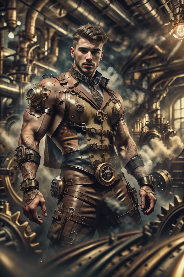 ((Masterpiece, High Quality)), Best Quality, highly detailed , ultrarealistic , cinematic ,realistic , photorealistic realistic eyes, intricate details, detailed background, depth of field, dynamic pose, dynamic angle ,male focus ,muscled man (1.0) ,handsome (detailed face) ,Young Arafed muscular chiseled very handsome man , (( steam4rmor,A muscular, attractive tattooed man dressed in a detailed steampunk vest not covering his chest and abs, showing his muscled body with tattoos ,The outfit includes leather straps, brass gears , a vest, and metallic accents. The man has a confident and alluring pose, with a mysterious expression. The background features an industrial steampunk setting with steam pipes, machinery, and a warm, vintage dark atmosphere , highly detailed, , detail face, tool enhancer ,slider 1.0)), realistic, masterpiece, intricate details, detailed background, depth of field, photo of a man ,looking like courage , ((light bokeh)) , highlighting the strong muscle lines , symbol of strength. Perspective and perspective: shooting from a low angle , highlighting the height and majesty of men. Or use a side perspective to show the posture and tattoo of a men.
