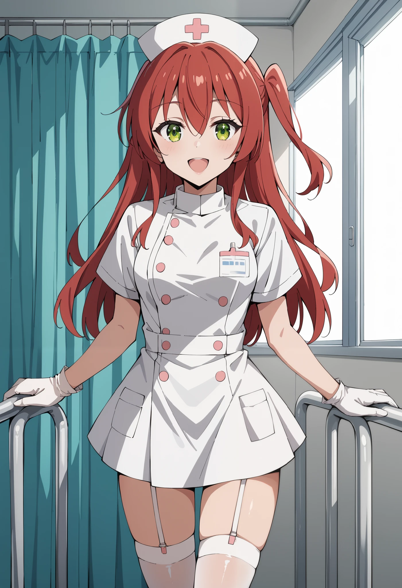Score_9, score_8_up, score_7_up, source_anime, ikuyo kita, green eyes, hair between eyes, long hair, one side up, red hair, (best quality), (high quality), {masterpiece}, extremely delicate and beautiful, ultra-detailed, beautiful detailed eyes, nurse, nurse hat, ((white nurse's outfit)), white gloves, white legwear, zettai ryouiki, hospital room, smile, open mouth, standing