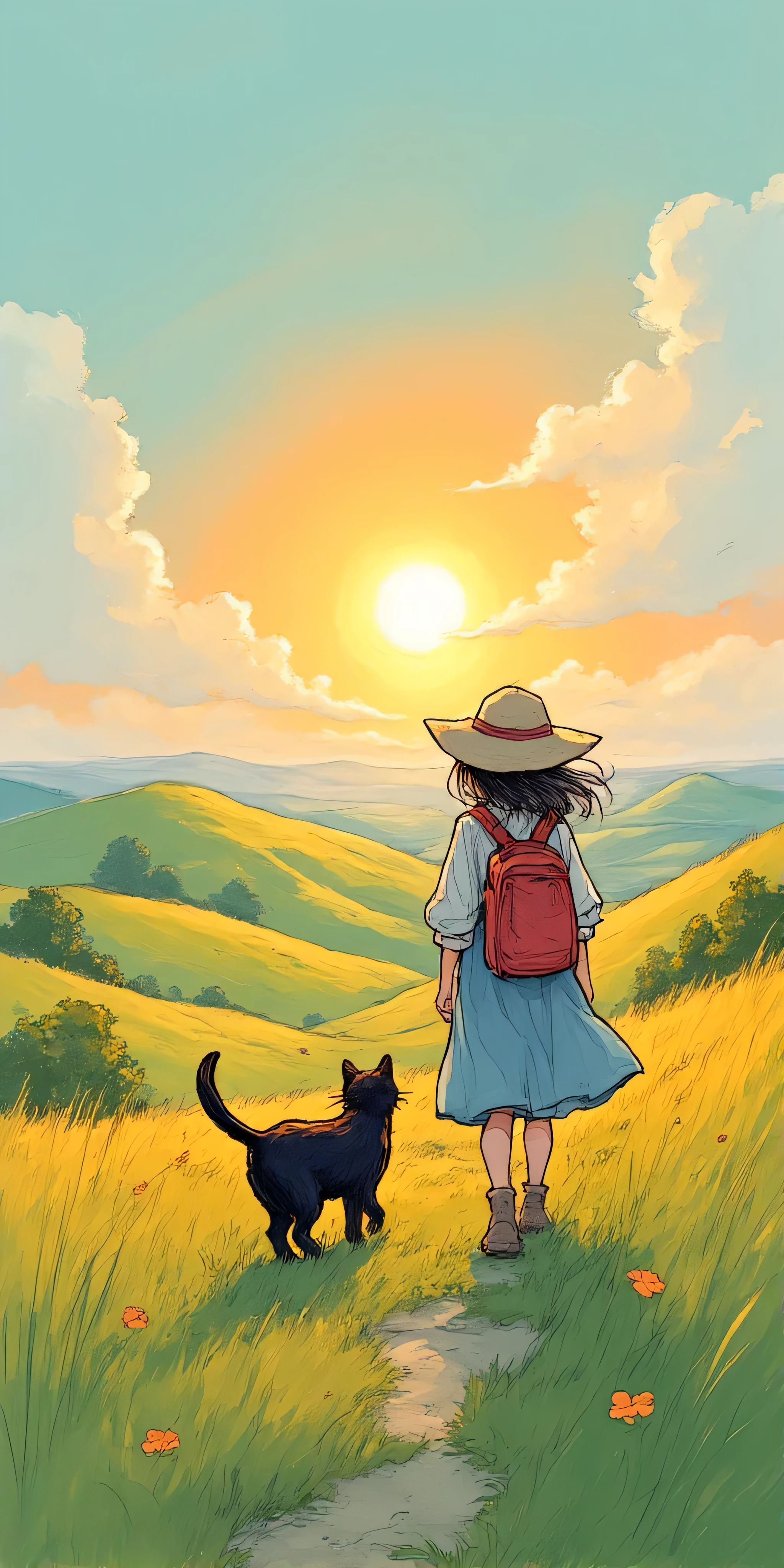 (Masterpiece:1.2, High-quality ,Mirror Finish , Movie experience , best illustrations :2.0, highly detailed ),8k, wallpaper,( My trip with my black cat),(woman:2.0),(womanと猫が旅をしている:2.0),(Beautiful Hills:2.0),(Beautiful sun and rainbow :2.0),( laid-back),( calm),(Life)