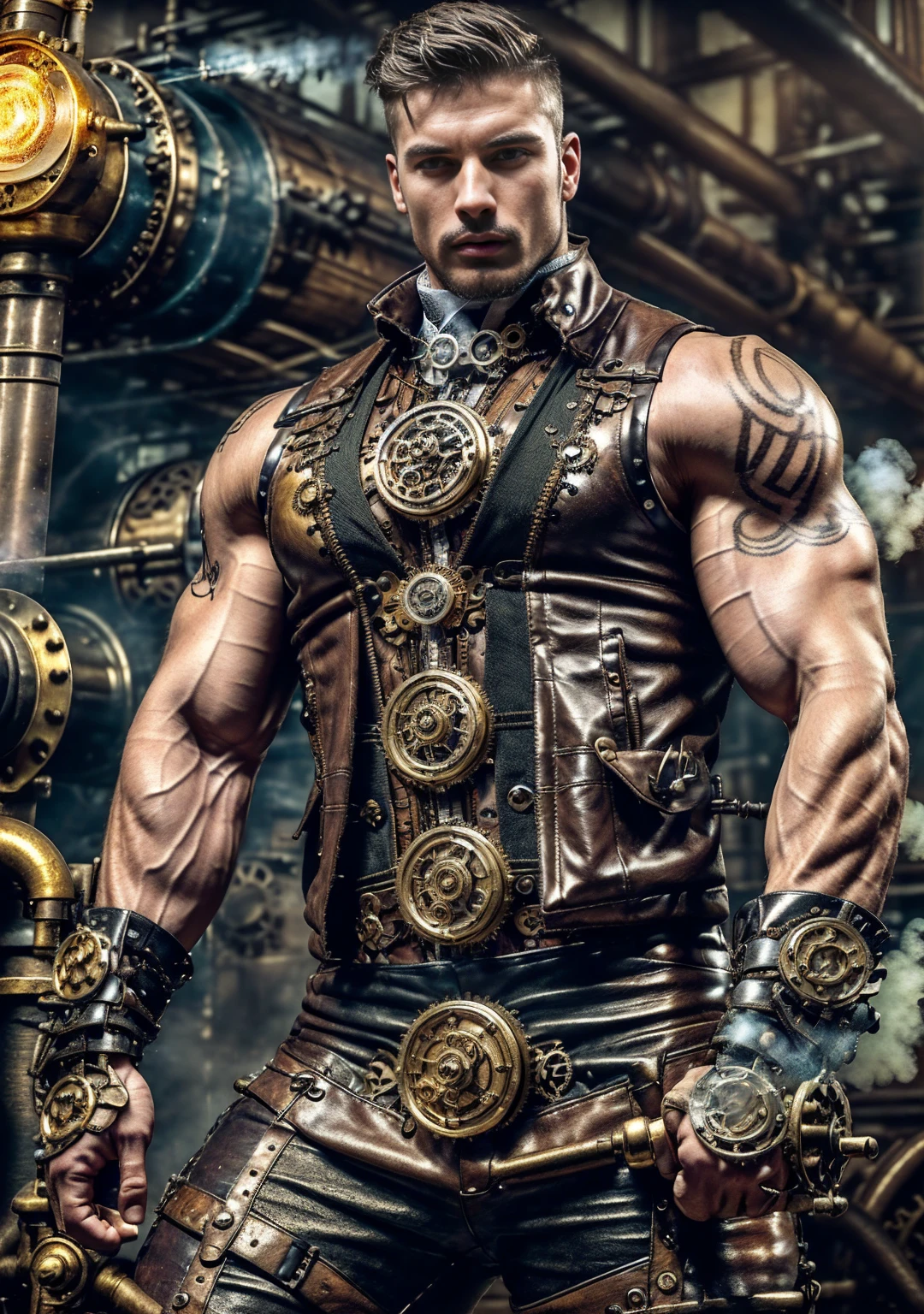 ((Masterpiece, High Quality)), Best Quality, highly detailed , ultrarealistic , cinematic ,realistic , photorealistic realistic eyes, intricate details, detailed background, depth of field, dynamic pose, dynamic angle ,male focus ,muscled man (1.0) ,handsome (detailed face) ,Young Arafed muscular chiseled very handsome man , (( steam4rmor,A muscular, attractive tattooed man dressed in a detailed steampunk vest not covering his chest and abs, showing his muscled body with tattoos ,The outfit includes leather straps, brass gears , a vest, and metallic accents. The man has a confident and alluring pose, with a mysterious expression. The background features an industrial steampunk setting with steam pipes, machinery, and a warm, vintage dark atmosphere , highly detailed, , detail face, tool enhancer ,slider 1.0)), realistic, masterpiece, intricate details, detailed background, depth of field, photo of a man ,looking like courage , ((light bokeh)) , highlighting the strong muscle lines , symbol of strength. Perspective and perspective: shooting from a low angle , highlighting the height and majesty of men. Or use a side perspective to show the posture and tattoo of a men.