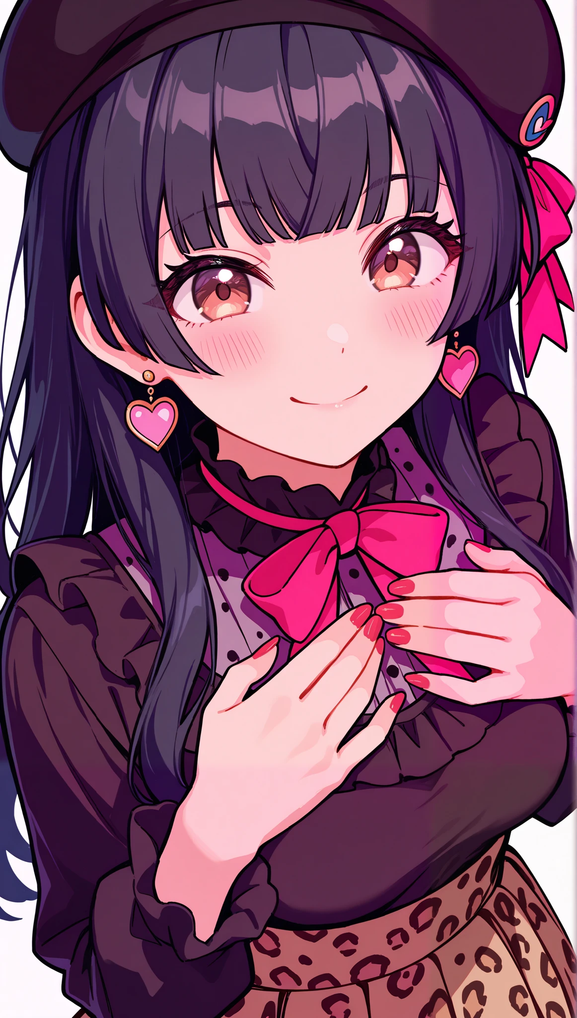 Mayuzumi Fuyuko, 1 girl, Alone, black hair, has, jewelry, long hair, looking at viewer, bangs, earrings, skirt, white background, smile, shirt, simple background, heart earrings , long sleeves, heart, black head covering, black shirt, frilled choker, breasts, brown eyes, choker, blunt fringe, upper body, beret, medium breasts, brown skirt, ruffles, nail polish, ribbon, red nails, closed mouth, animal print, blush, ruffled sleeves, leopard print, neck bow, own hands on breasts