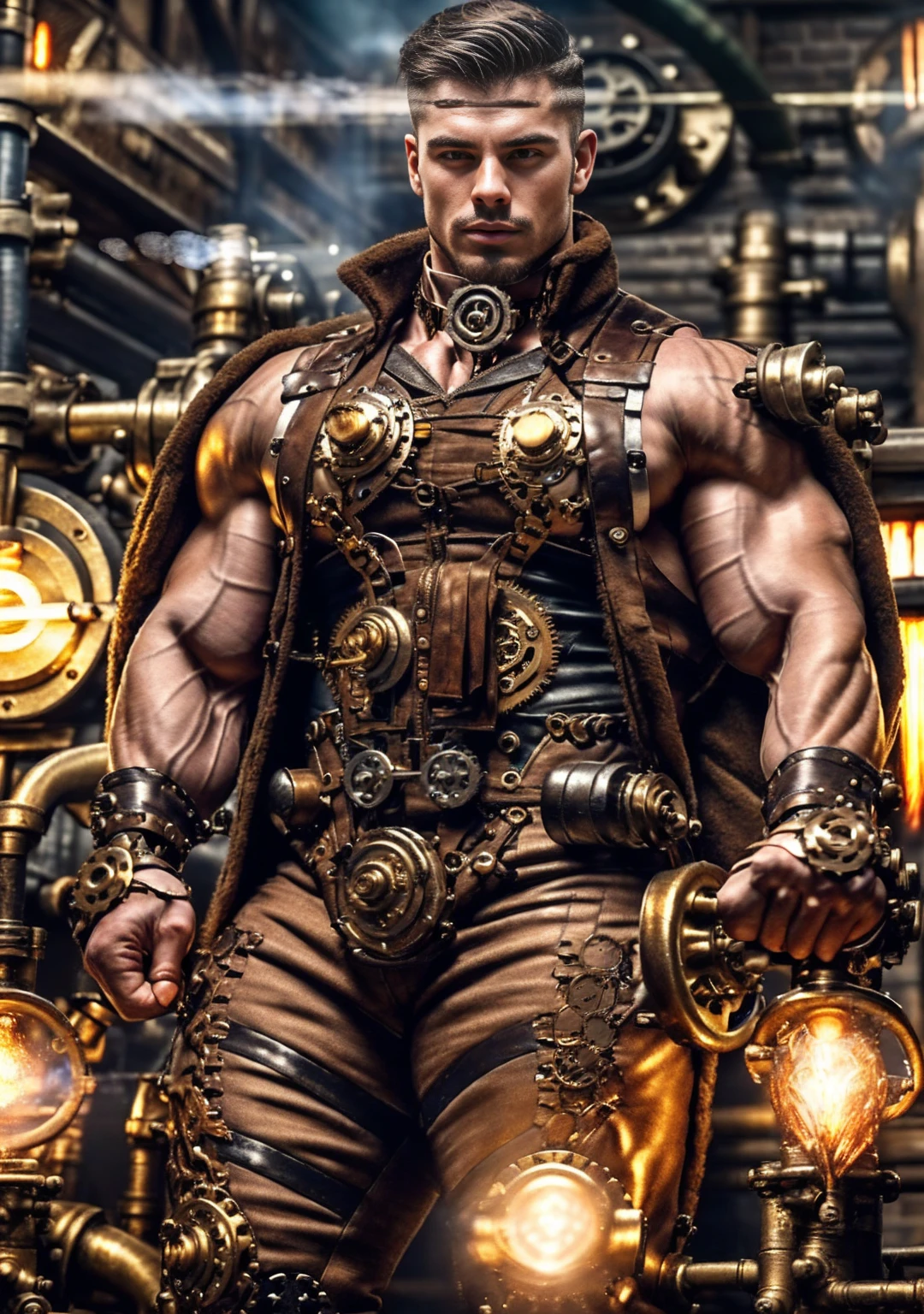 ((Masterpiece, High Quality)), Best Quality, highly detailed , ultrarealistic , cinematic ,realistic , photorealistic realistic eyes, intricate details, detailed background, depth of field, dynamic pose, dynamic angle ,male focus ,muscled man (1.0) ,handsome (detailed face) ,Young Arafed muscular chiseled very handsome man , (( steam4rmor,A muscular, attractive tattooed man dressed in a detailed steampunk vest not covering his chest and abs, showing his muscled body with tattoos ,The outfit includes leather straps, brass gears , a vest, and metallic accents. The man has a confident and alluring pose, with a mysterious expression. The background features an industrial steampunk setting with steam pipes, machinery, and a warm, vintage dark atmosphere , highly detailed, , detail face, tool enhancer ,slider 1.0)), realistic, masterpiece, intricate details, detailed background, depth of field, photo of a man ,looking like courage , ((light bokeh)) , highlighting the strong muscle lines , symbol of strength. Perspective and perspective: shooting from a low angle , highlighting the height and majesty of men. Or use a side perspective to show the posture and tattoo of a men.