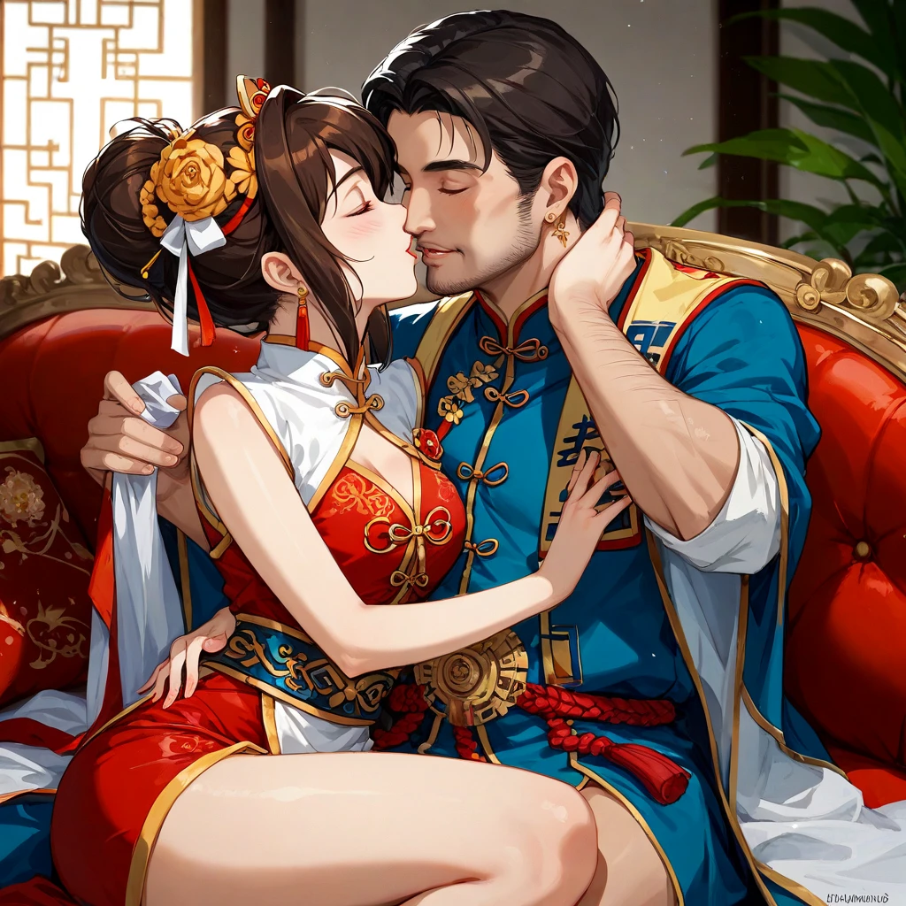 Highly shiny embroidery、Princess in a cheongsam with a crumpled red long-sleeved raincoat、Having sex with the emperor while writhing around on the bed