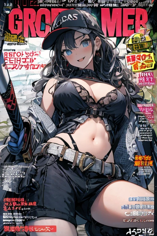 masterpiece, best quality,dmwr\(style\), 1girl, thighhighs, hat, large breasts, breasts, instrument, chain, microphone, guitar, swimsuit, skull, bikini, gloves, elbow gloves, bridal gauntlets