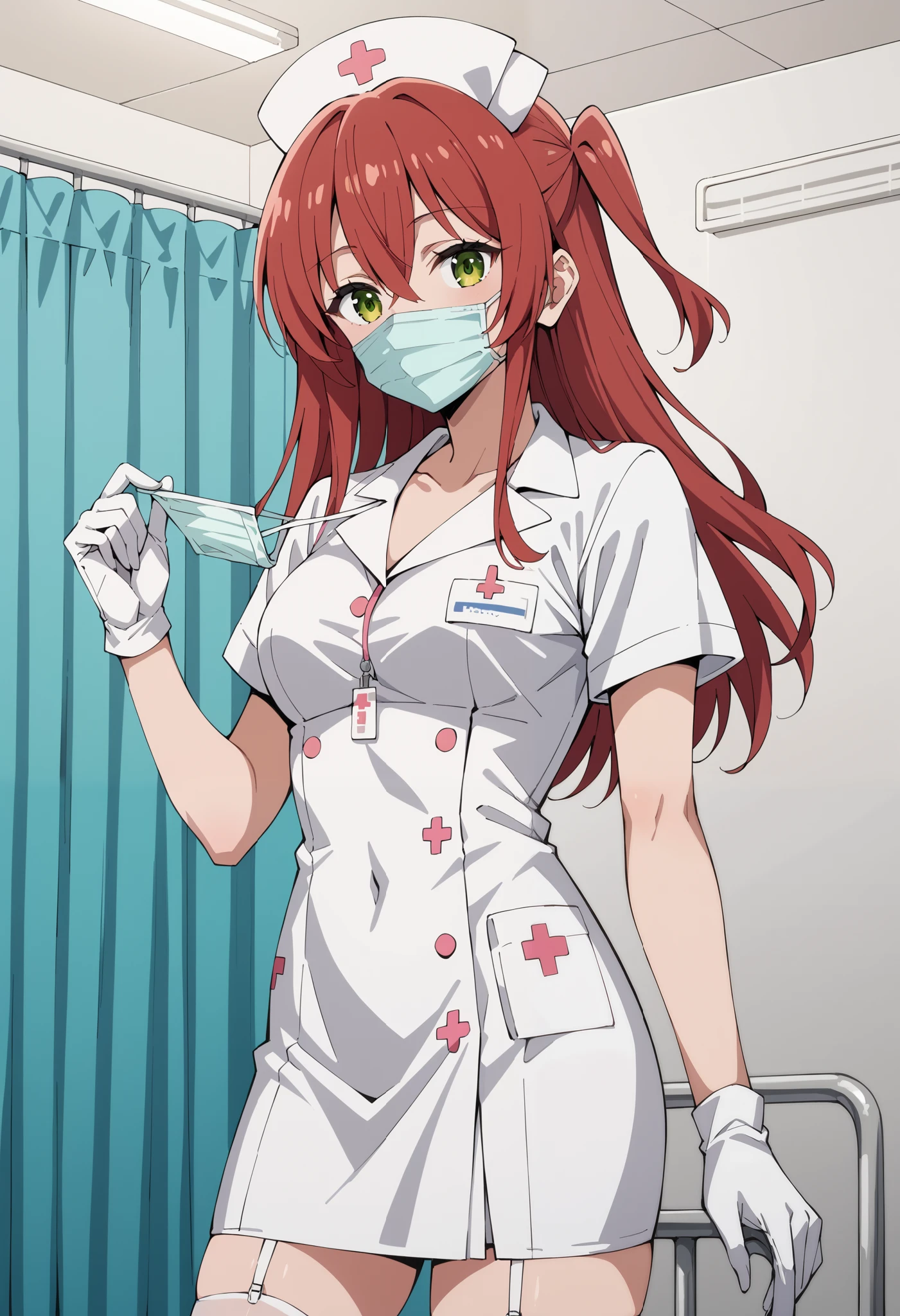 Score_9, score_8_up, score_7_up, source_anime, ikuyo kita, green eyes, hair between eyes, long hair, one side up, red hair, (best quality), (high quality), {masterpiece}, extremely delicate and beautiful, ultra-detailed, beautiful detailed eyes, nurse, nurse hat, ((white nurse's outfit)), white gloves, white legwear, zettai ryouiki, hospital room, ((white surgical mask, covered nose)), standing