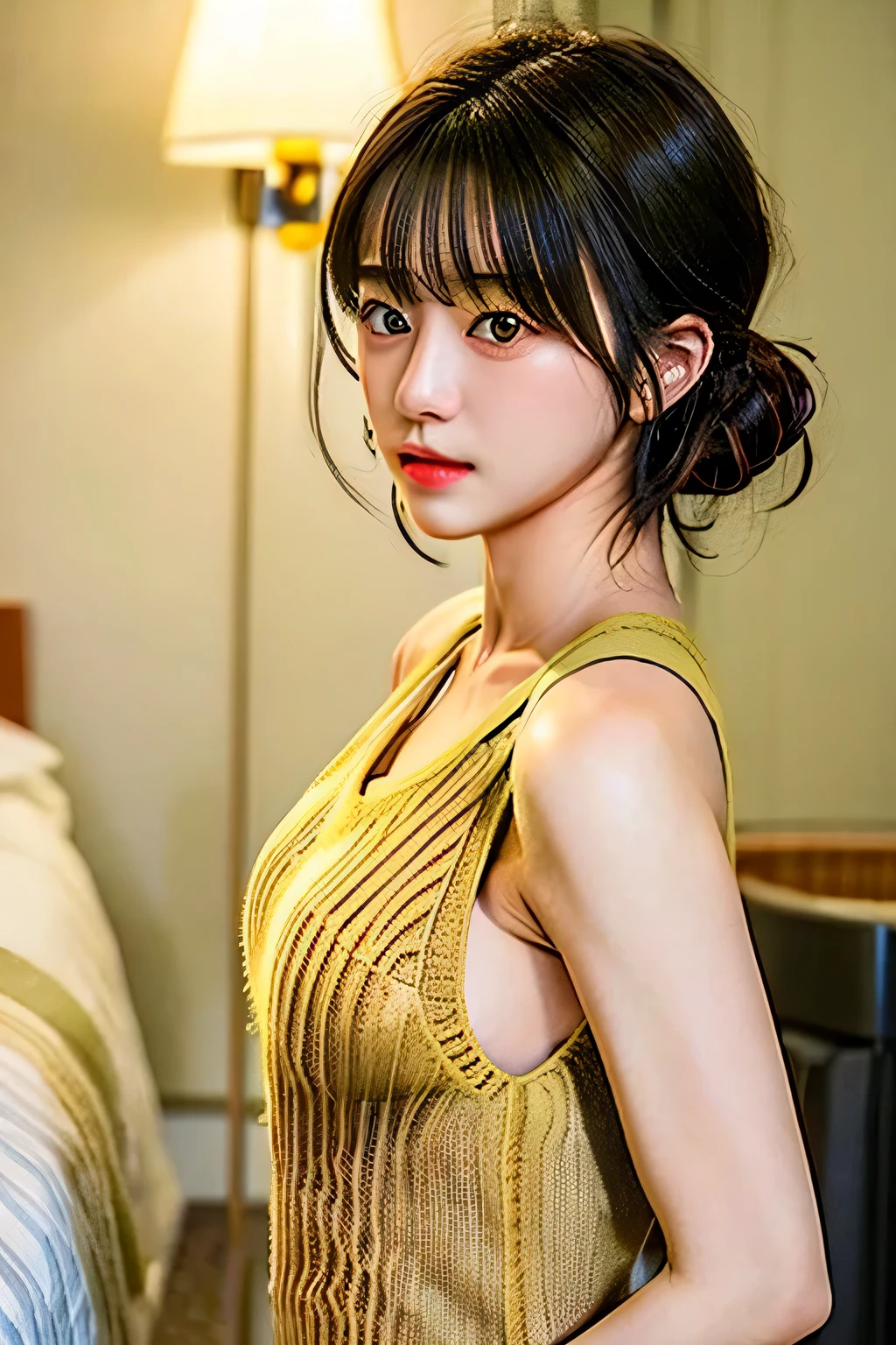 Japanese woman photo ( Khaki knit tank top:1.4) , Side Bust , cute, 18 years old, (), black hair, short hair, upper body, viewers, Realism, Details, Details with complex, Complex Details, intermediate shot, single shot , , lips, Medium Boobs, The subject is taken from the side of a woman、 hotel room、