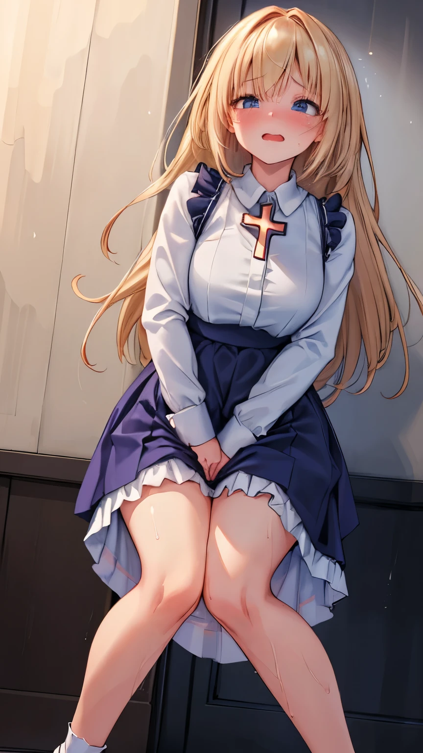 NSFW, (masterpiece, top quality, best quality, highly detailed:1.6), extremely detailed CG unity 8k wallpaper, (woman, indoor, blue nun, long skirt, In the church:2.5), (at midnight:2.5), (full body), wide shot, long shot, (Lift up the hem of the skirt with both hands, Show your urethra:4), (Show your crotch, pussy), (urethra, pubic hair is blonde:3), (Pushing hips forward, Arching the body forward, Splitting legs to the side:3), ((half-taken panty)), (Excretion urine splashes on panty, Pee stains spreading on panties,:2), (standing, skirt lift, clutching skirt:1.6), (((Lift up the skirt high))), Pee excreted with force, strong facial expression, (sharp eye:1.2), (scowl:1.1), (embarrassed,blush:1.3), (steam:2), (wet:1.1), (sweat:1.1), (trembling:1.3), (open mouth, wavy mouth:1.4), (clenched teeth:1.7), (closed eyes:1.5), (feeling weak:1.5), (bravery crying, sobbing:1.5), (shoot from front, looking at viewer:1.2), (squatting, skirt lift, clutching skirt:2), (very long hair, Extra long hair, blonde hair:1.7), (woman trembling with sexual climax:1.5), colorful, full body, wide shot, perfect composition, (panty, panties), urination, incontinence, piss, peeing self, (((pee stream))), (pee puddle), Wetting herself, pee stain, large breasts, Yellow pee, ((leaking pee)), puddle of pee, Pee at your feet, Pee spread on the floor, Pee stains, Dripping pee between my legs, Feet Wet from pee, Pee-covered feet, Pee at your feet, want to pee, about to pee, Full bladder, Pee-soaked skirt, natural makeup,