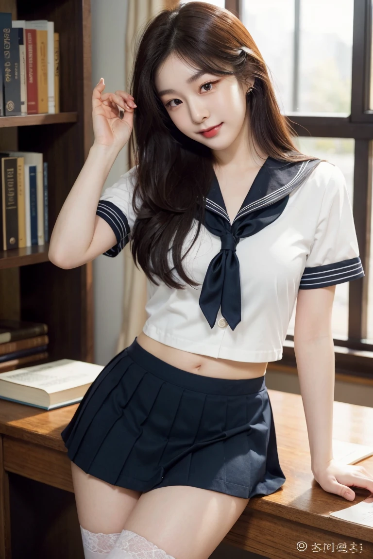 Beautiful girl with realistic black eyes, pale skin, Long black hair, perfect face, perfect eyes, ((Wearing sailor suit)),very detailed, comprehensive movie, digital painting, 8K, cinematic lighting, highest quality, High resolution, Great job!, Post-processing, perfect result, surreal,(((revealing clothes))),big breasts,The background is a room, selfie, take a picture of the whole body, hands spreads her legs and shows the inside of her skirt with a smile