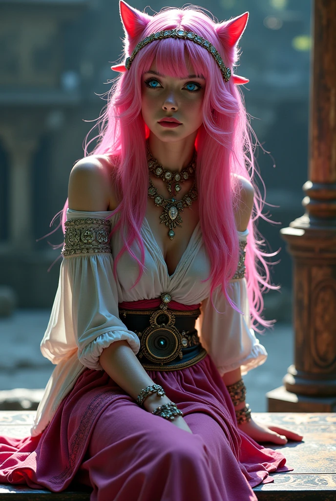 Female character, outfit inspired by old middle eastern clothing, heaps of jewelry, magician, posed sitting on a table, pink hair, cat like blue eyes