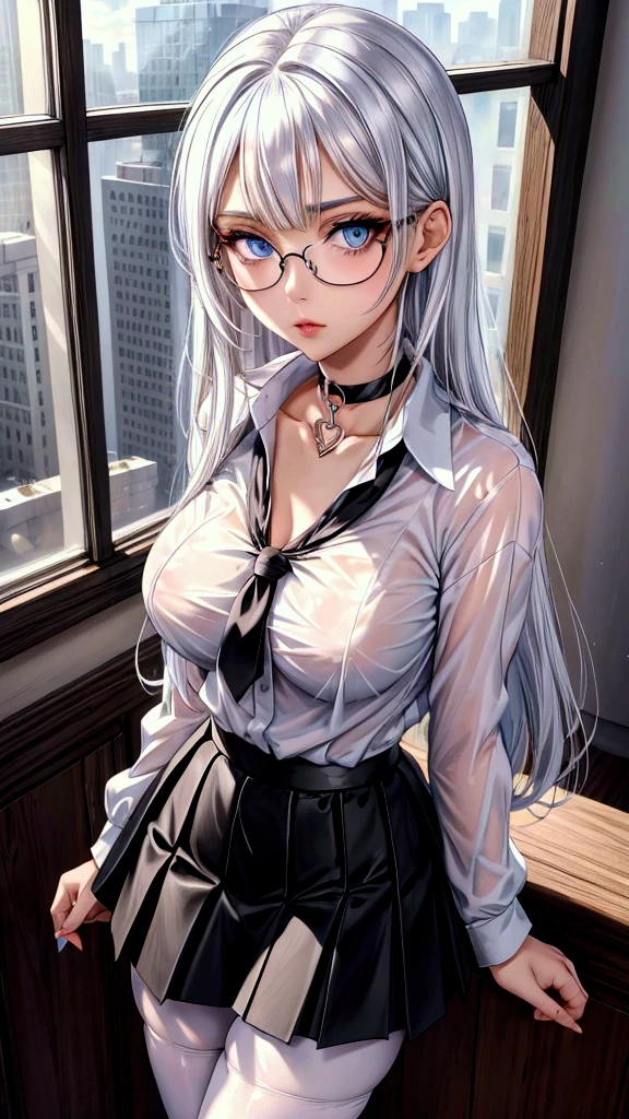 Sweet expression, Lying down, White glasses, super long white hair, (8k, original photo, Reality:1.25) ,( Lip Gloss, eyelash, Bright face, Glowing skin, best quality, Ultra-high resolution , Depth of Field, Chromatic Aberration, Caustic lines, The width light, Natural shadows, Hallyu idol) Look at the audience with calm and goddess-like happiness, whole body, Large Breasts, White lingerie, black, Transparent shirt, White shirt, secretary, Octane Render