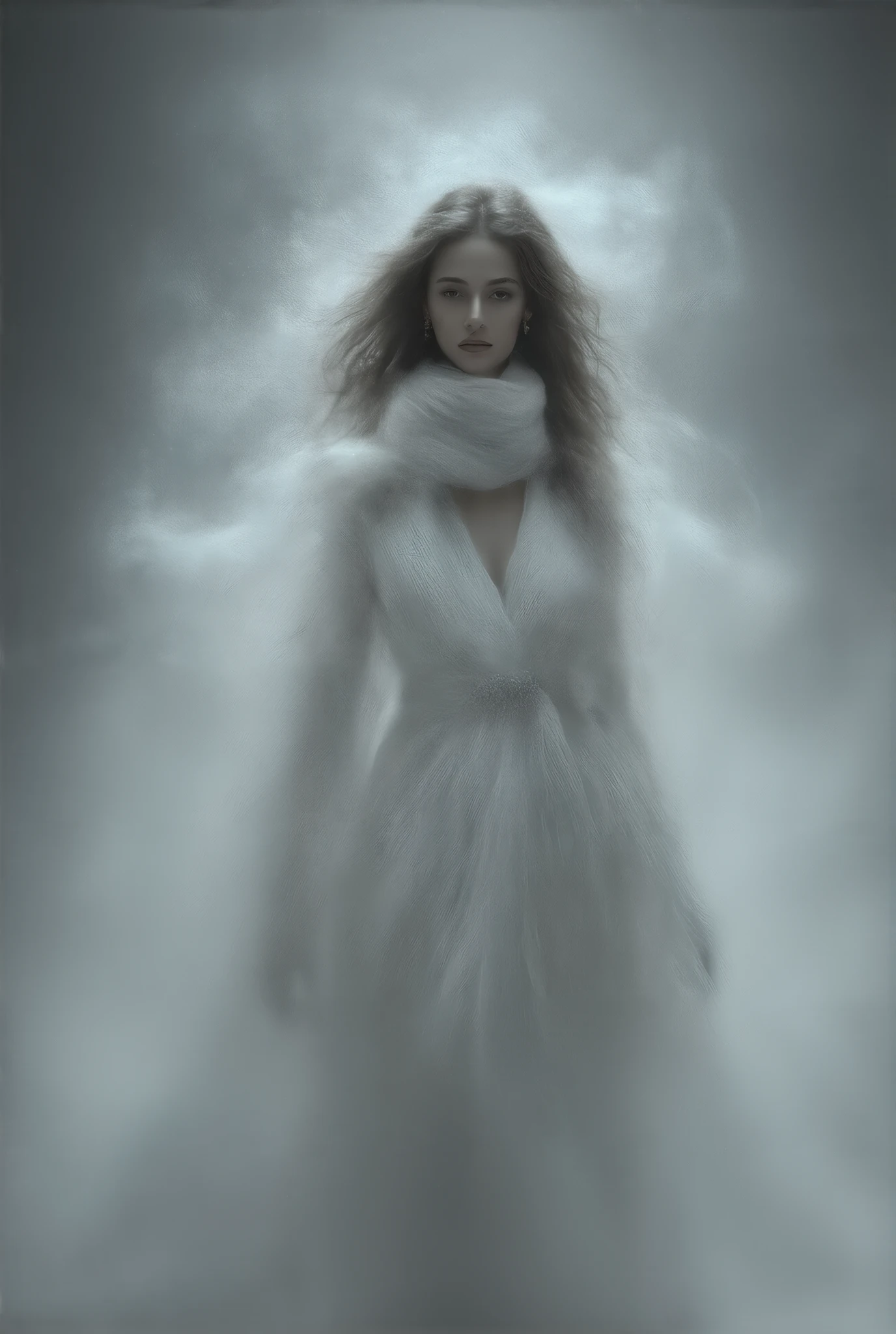  Female Model in 1991 Chanel White Haute Couture，Half Body， long hair，noble，典雅，Mythical Helen ，business attire，Set， Typical Chanel Style ， simple and stylish ， white transparent flying scarves cover the face，Wearing jewelry，Heavy fog in the snowy mountains ，model fashion show，Strange and thrilling horror atmosphere on the catwalk ，

