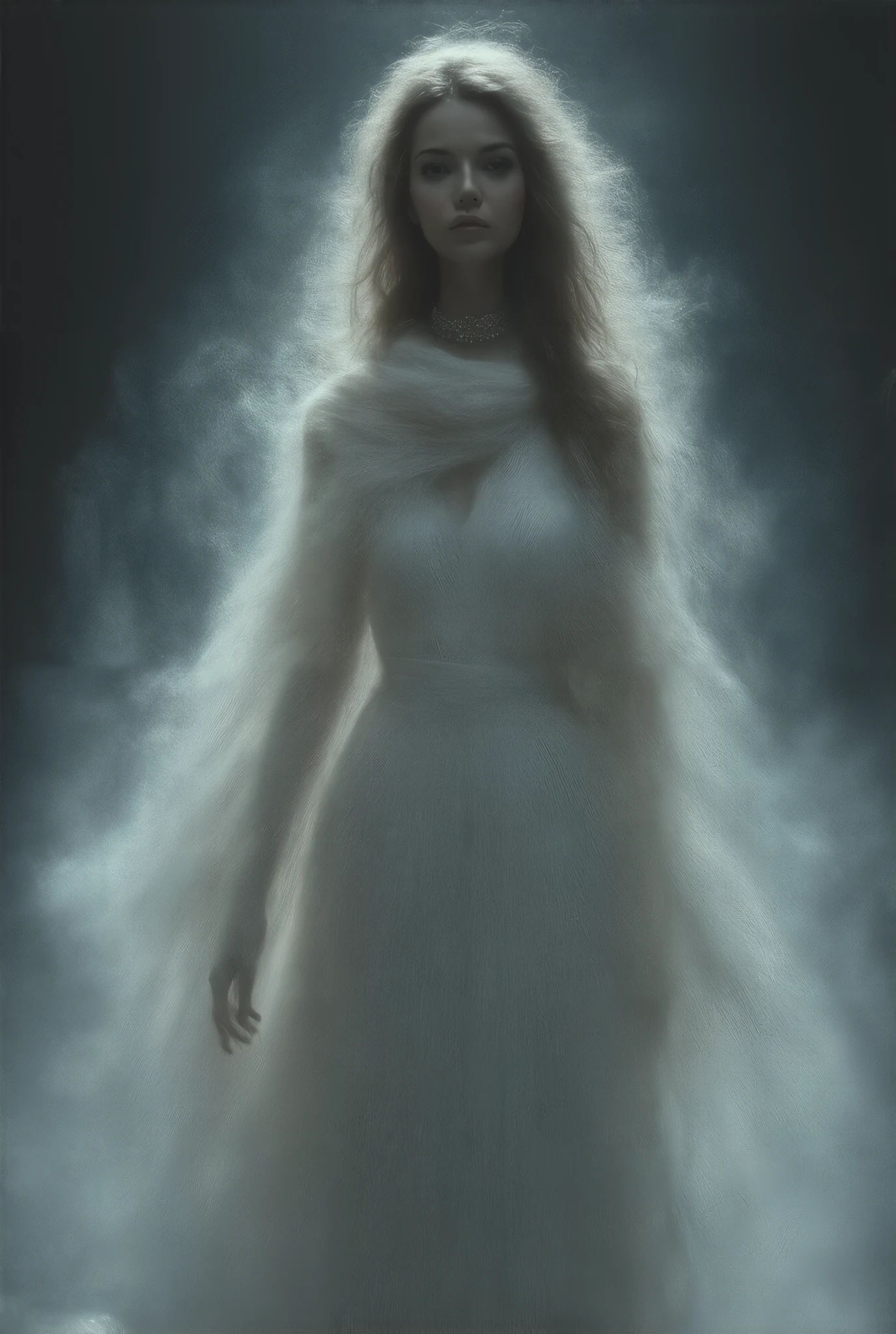 Female Model in 1991 Chanel White Haute Couture,Half Body, long hair,noble,典雅,Mythical Helen ,business attire,Set, Typical Chanel Style , simple and stylish , white transparent flying scarves cover the face,Wearing jewelry,Heavy fog in the snowy mountains ,model fashion show,Strange and thrilling horror atmosphere on the catwalk ,
