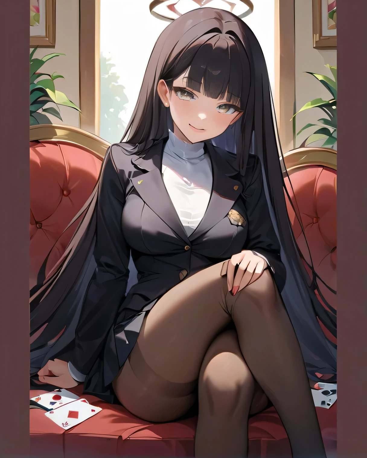 ((4k,masterpiece, best quality)),black academy uniform, black stockings ,mature girl, big breasts , solo, long blue hair, smiling,