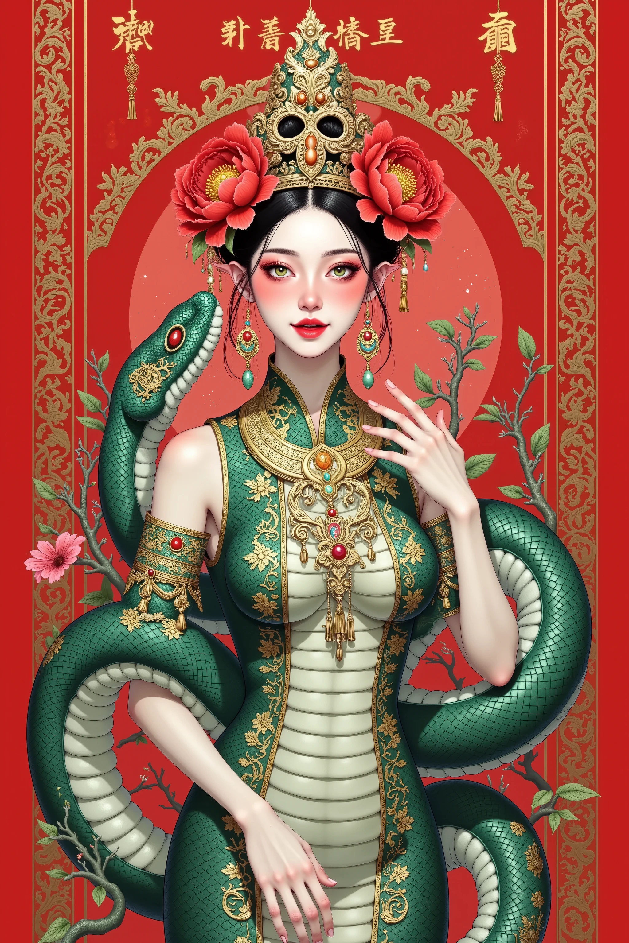 Create a traditional Chinese New Year illustration featuring a majestic snake. The snake should be coiled elegantly in a circular shape, with intricate patterns on its scales resembling traditional Chinese motifs like clouds, waves, and flowers. The snake's head should be adorned with a small crown or jade ornament, symbolizing royalty and prosperity. Surround the snake with traditional Chinese elements such as red lanterns, Chinese knots, and peonies. The background should include a subtle pattern of auspicious clouds and waves, with a color palette dominated by rich reds, golds, and deep greens. Incorporate calligraphy of Chinese characters for "Happy New Year" and "Prosperity" in gold ink. The style should evoke the look of classical Chinese paintings with delicate brush strokes and a harmonious composition., high detail, hyper quality, high resolution, 