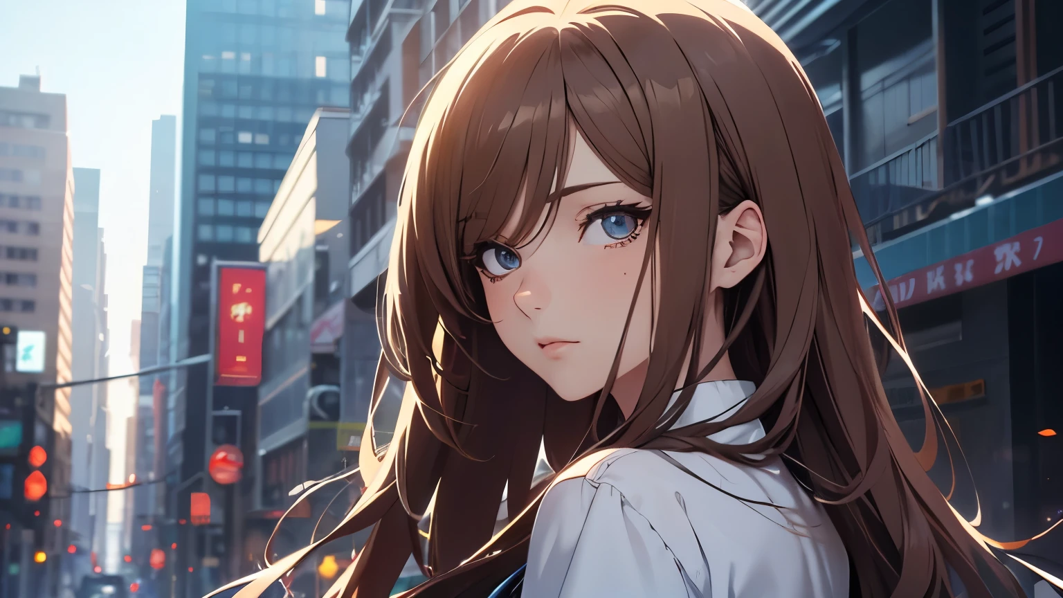 (maximum resolution, distinct_image) Best quality, (((1 woman))), masterpiece, very detailed, night cityscape, semi-realistic, wet brown hair, wet straight hair, expressionless, bangs, strong rain, 21 years old, mature, young, wet white shirt, outdoors, delicate facial features, facial features, mid-shot,