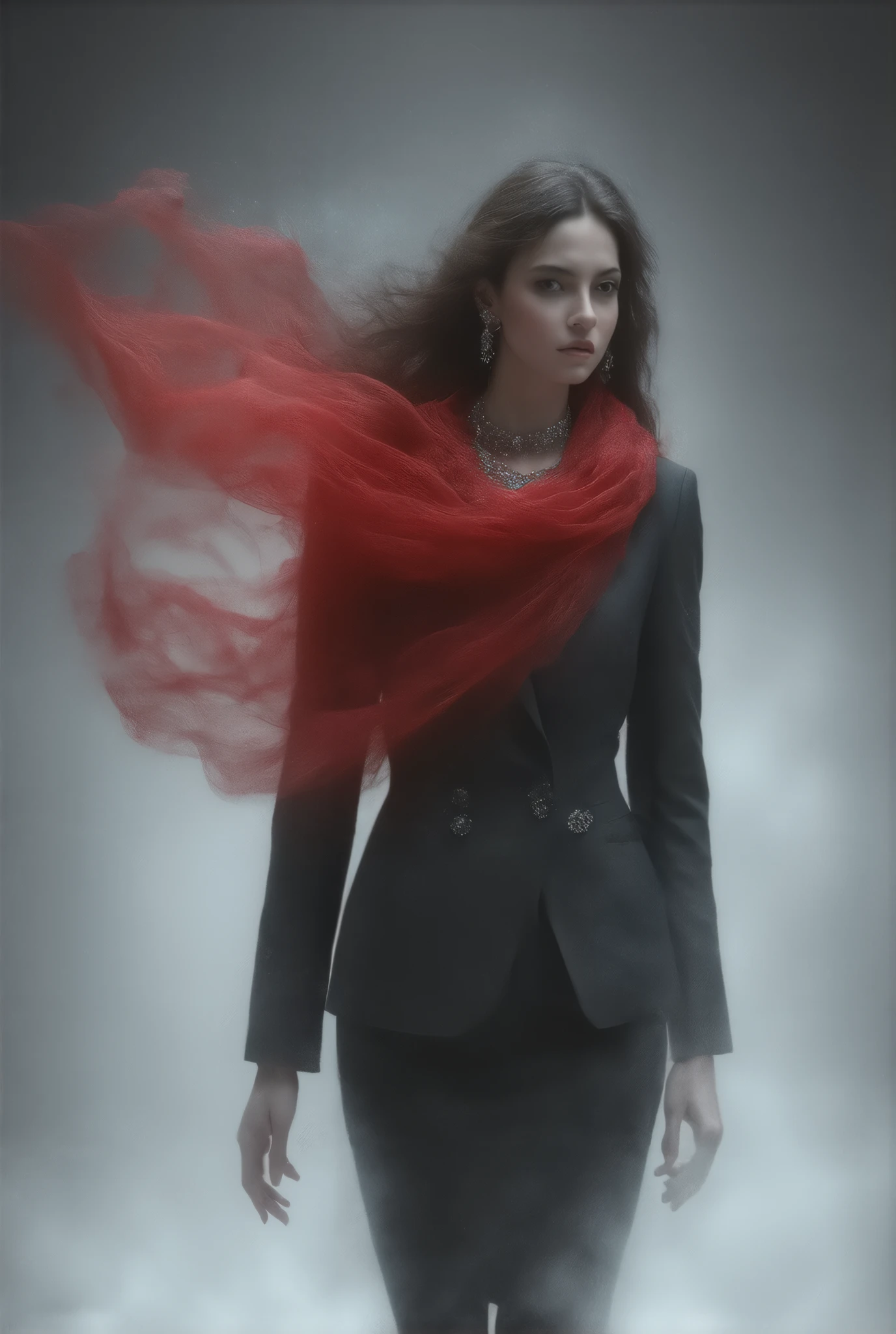 1991 Chanel black haute couture,Half Body, long hair,noble,典雅,Mythical Helen ,business attire,Set, Typical Chanel Style , simple and stylish ,Female model with red transparent flying scarf covering her face ,Wearing jewelry,Heavy fog in the snowy mountains ,model fashion show,Strange and thrilling horror atmosphere on the catwalk ,