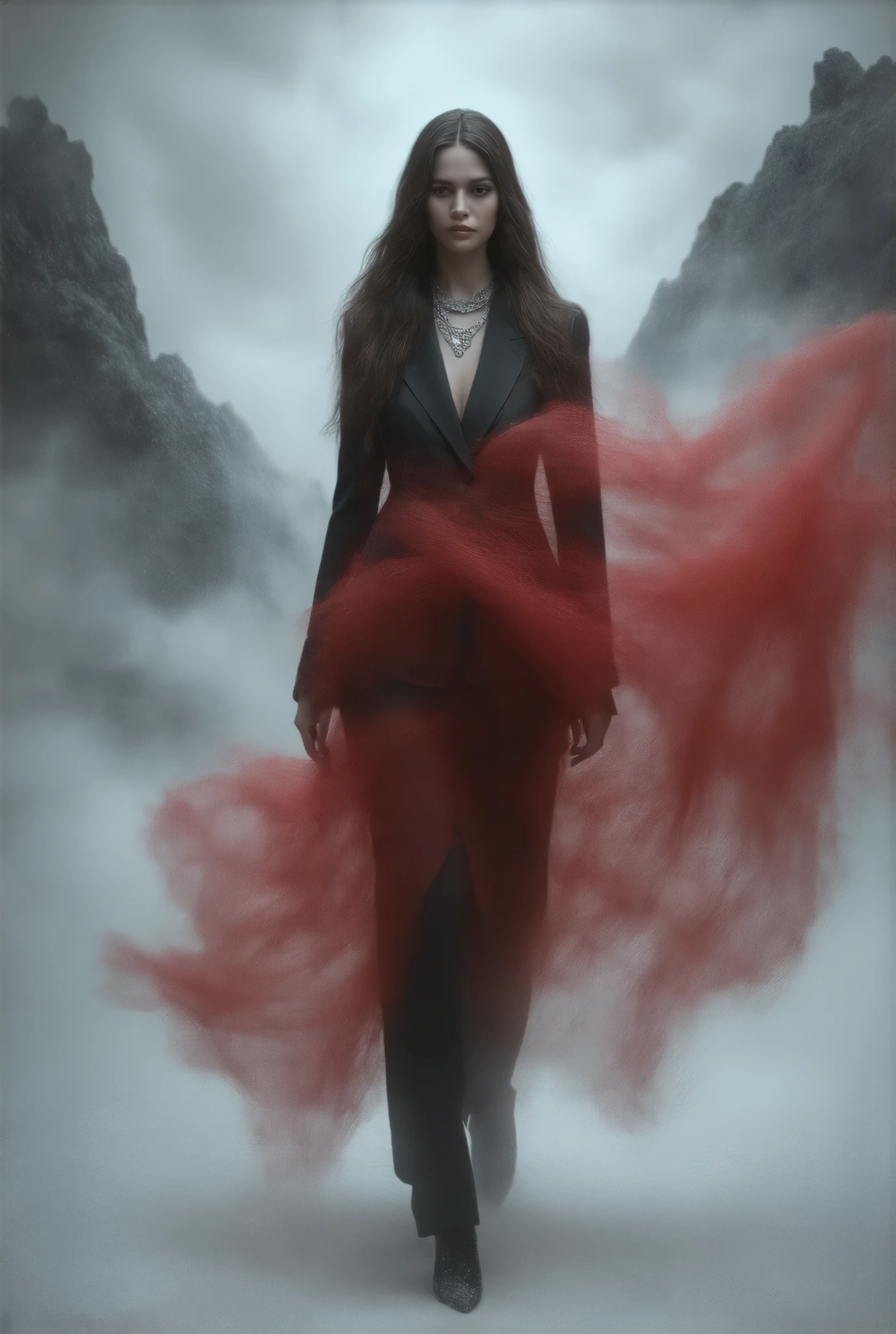 1991 Chanel black haute couture,Half Body, long hair,noble,典雅,Mythical Helen ,business attire,Set, Typical Chanel Style , simple and stylish ,Female model with red transparent flying scarf covering her face ,Wearing jewelry,Heavy fog in the snowy mountains ,model fashion show,Strange and thrilling horror atmosphere on the catwalk ,