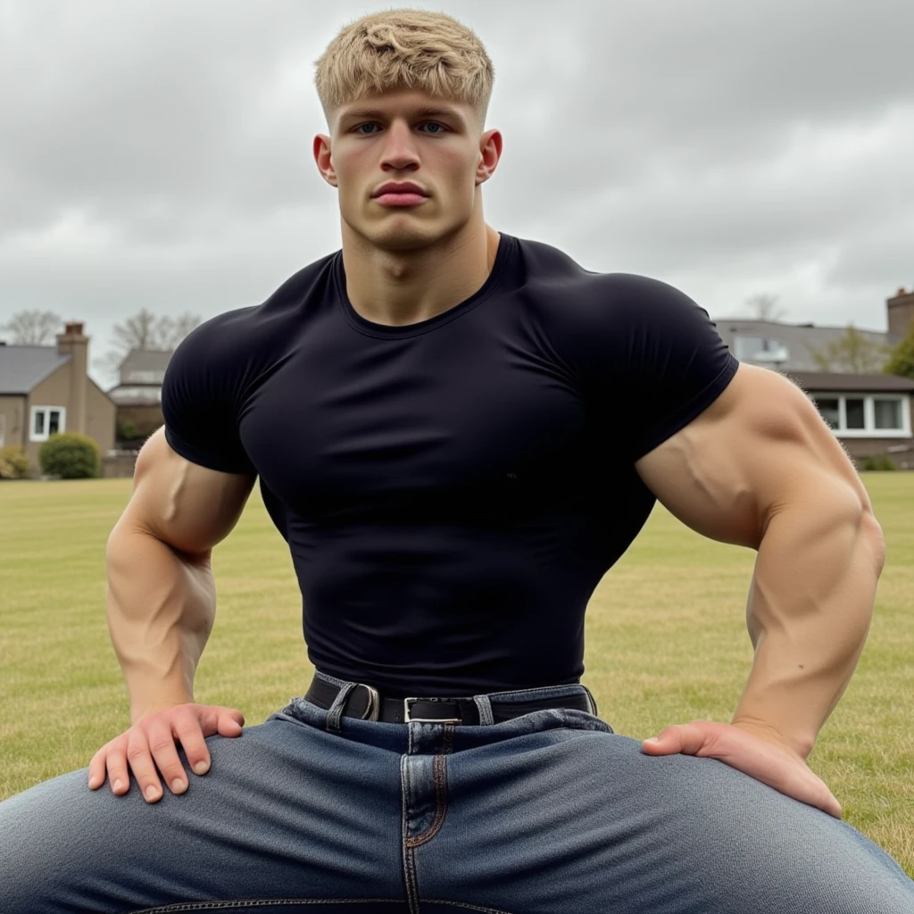 full body view, one teen cute white blonde undercut boy model wearing black socks and lycra sport shorts, no shoes, looking like a freaky roidstuffed over-bloated bodybuilder, proudly posing outside, front american college, black socks must be seen