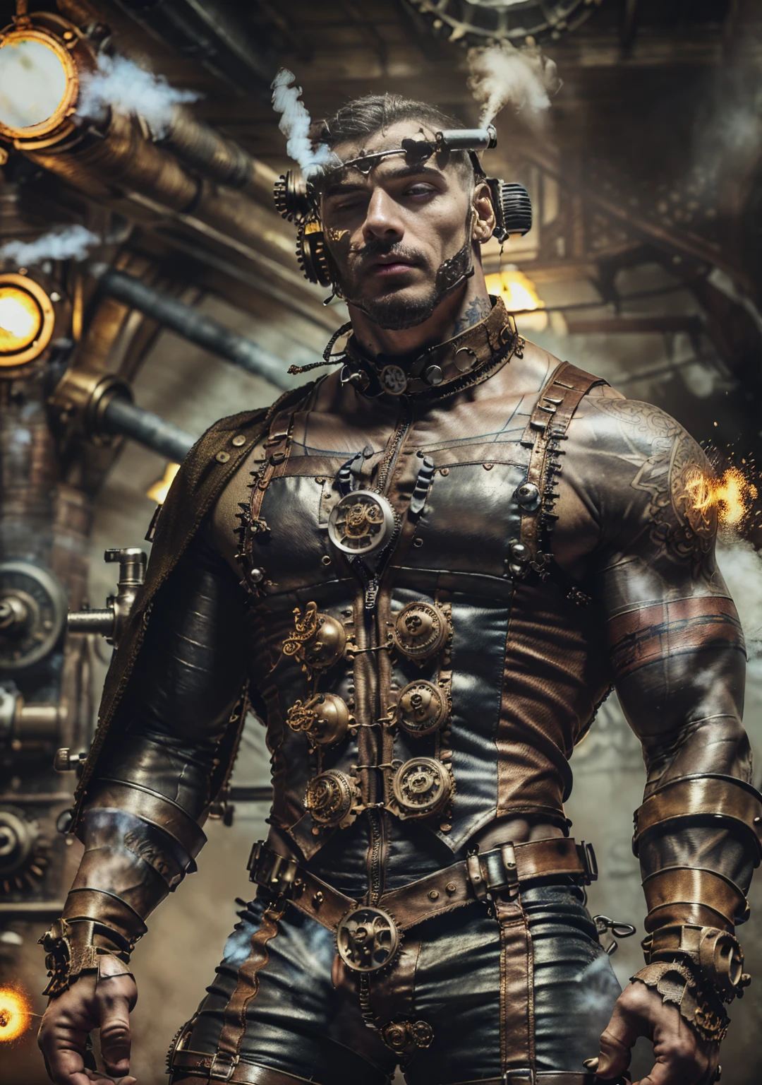 ((Masterpiece, High Quality)), Best Quality, highly detailed , ultrarealistic , cinematic ,realistic , photorealistic realistic eyes, intricate details, detailed background, depth of field, dynamic pose, dynamic angle ,male focus ,muscled man (1.0) ,handsome (detailed face) ,Young Arafed muscular chiseled very handsome man , (( steam4rmor,A muscular, veins on his arms , attractive tattooed man dressed in a detailed steampunk vest not covering his chest and abs(1.0), showing his muscled body with tattoos(1.0) ,The outfit includes leather straps, brass gears , a vest, and metallic accents. The man has a confident and alluring pose, with a mysterious expression. The background features an industrial steampunk setting with steam pipes, machinery, and a warm, vintage dark atmosphere , highly detailed, , detail face, tool enhancer ,slider 1.0)), realistic, masterpiece, intricate details, detailed background, depth of field, photo of a man ,looking like courage , ((light bokeh)) , highlighting the strong muscle lines , symbol of strength. Perspective and perspective: shooting from a low angle , highlighting the height and majesty of men. Or use a side perspective to show the posture and tattoo of a men.