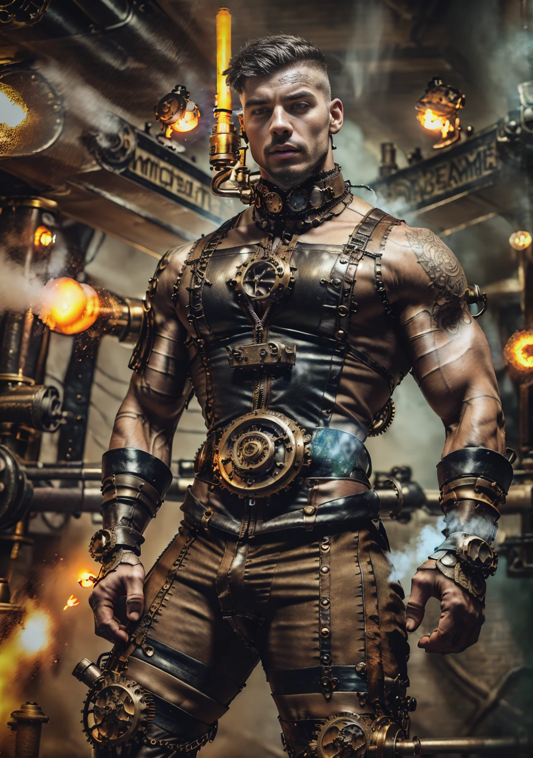((Masterpiece, High Quality)), Best Quality, highly detailed , ultrarealistic , cinematic ,realistic , photorealistic realistic eyes, intricate details, detailed background, depth of field, dynamic pose, dynamic angle ,male focus ,muscled man (1.0) ,handsome (detailed face) ,Young Arafed muscular chiseled very handsome man , (( steam4rmor,A muscular, veins on his arms , attractive tattooed man dressed in a detailed steampunk vest not covering his chest and abs(1.0), showing his muscled body with tattoos(1.0) ,The outfit includes leather straps, brass gears , a vest, and metallic accents. The man has a confident and alluring pose, with a mysterious expression. The background features an industrial steampunk setting with steam pipes, machinery, and a warm, vintage dark atmosphere , highly detailed, , detail face, tool enhancer ,slider 1.0)), realistic, masterpiece, intricate details, detailed background, depth of field, photo of a man ,looking like courage , ((light bokeh)) , highlighting the strong muscle lines , symbol of strength. Perspective and perspective: shooting from a low angle , highlighting the height and majesty of men. Or use a side perspective to show the posture and tattoo of a men.
