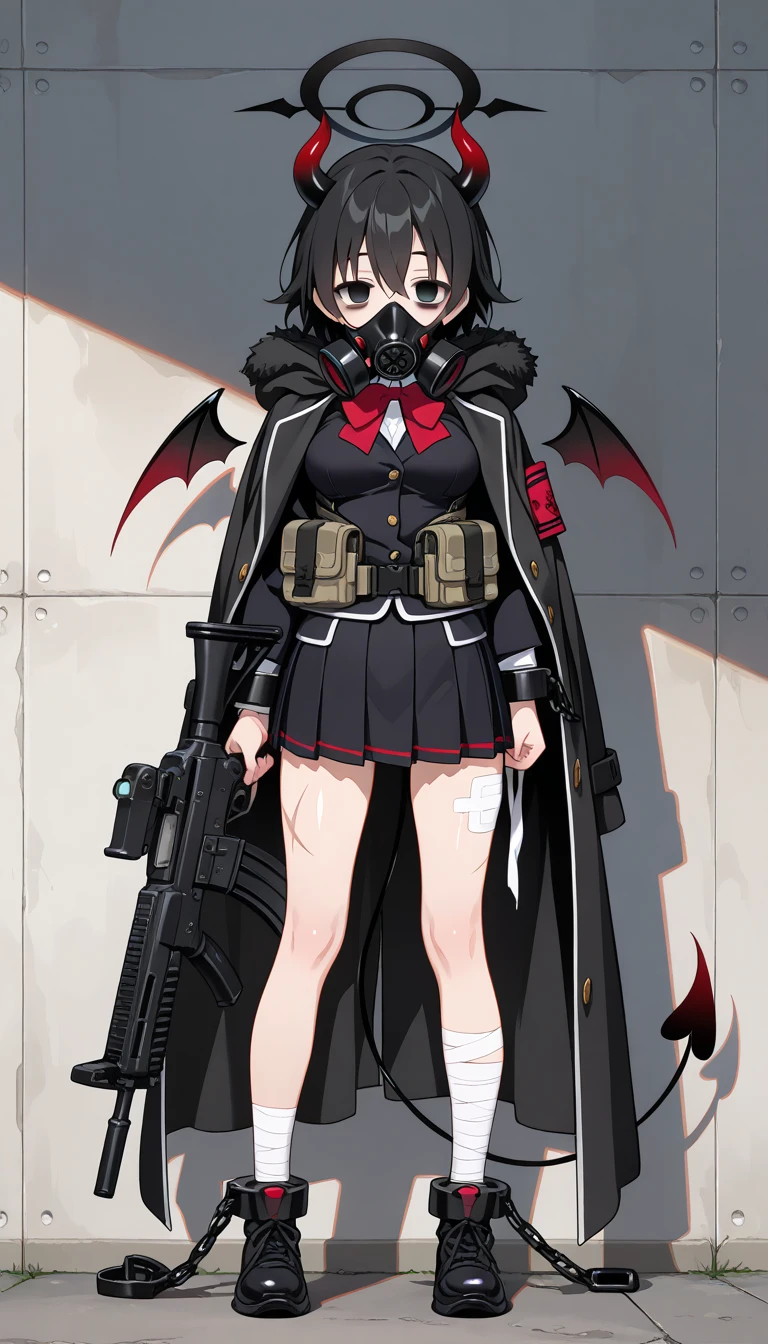 (score_9, score_8_up, score_7_up,ray tracing:1), (shiny, shiny skin), (masterpiece, best quality, amazing quality, masterpiece, 8k, high quality, detailed art), anime, 1 girl, full body, skinny body, short black hair, black eyes, bags under eyes, , scars all over body, bandages, and chains, empty eyes, black school uniform, demonic horns, demonic wings, barbed tail, tactical gear, gas mask, headphones, coat cape, black halo, holding assault rifle