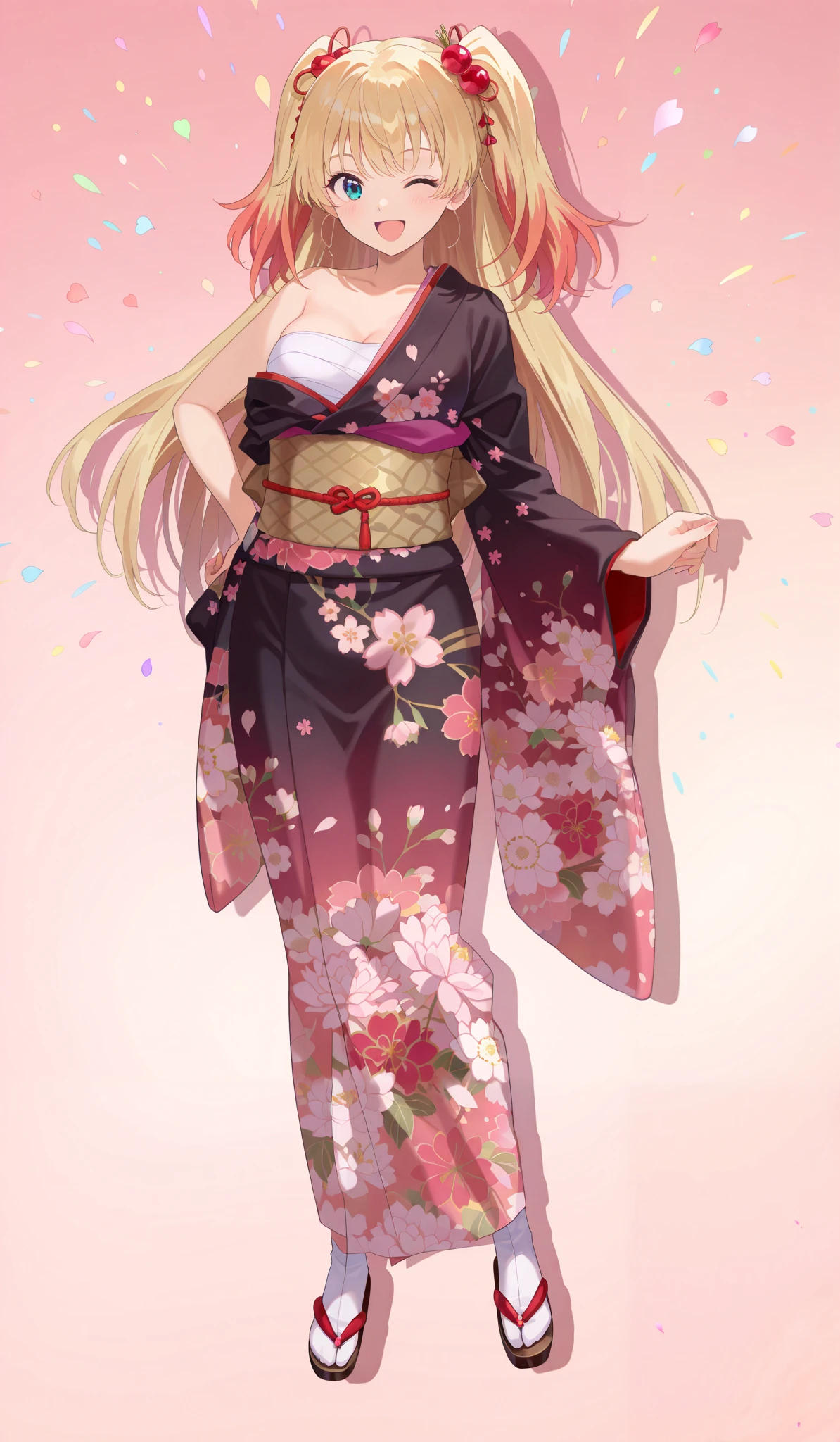Anime girl in kimono outfit with flowers and confetti - SeaArt AI