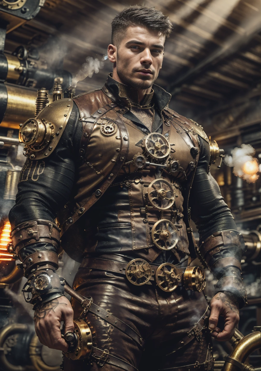 ((Masterpiece, High Quality)), Best Quality, highly detailed , ultrarealistic , cinematic ,realistic , photorealistic realistic eyes, intricate details, detailed background, depth of field, dynamic pose, dynamic angle ,male focus ,muscled man (1.0) ,handsome (detailed face) ,Young Arafed muscular chiseled very handsome man , (( steam4rmor,A muscular, veins on his arms , attractive tattooed man dressed in a detailed steampunk vest not covering his chest and abs(1.0), showing his muscled body with tattoos(1.0) ,The outfit includes leather straps, brass gears , a vest, and metallic accents. The man has a confident and alluring pose, with a mysterious expression. The background features an industrial steampunk setting with steam pipes, machinery, and a warm, vintage dark atmosphere , highly detailed, , detail face, tool enhancer ,slider 1.0)), realistic, masterpiece, intricate details, detailed background, depth of field, photo of a man ,looking like courage , ((light bokeh)) , highlighting the strong muscle lines , symbol of strength. Perspective and perspective: shooting from a low angle , highlighting the height and majesty of men. Or use a side perspective to show the posture and tattoo of a men.