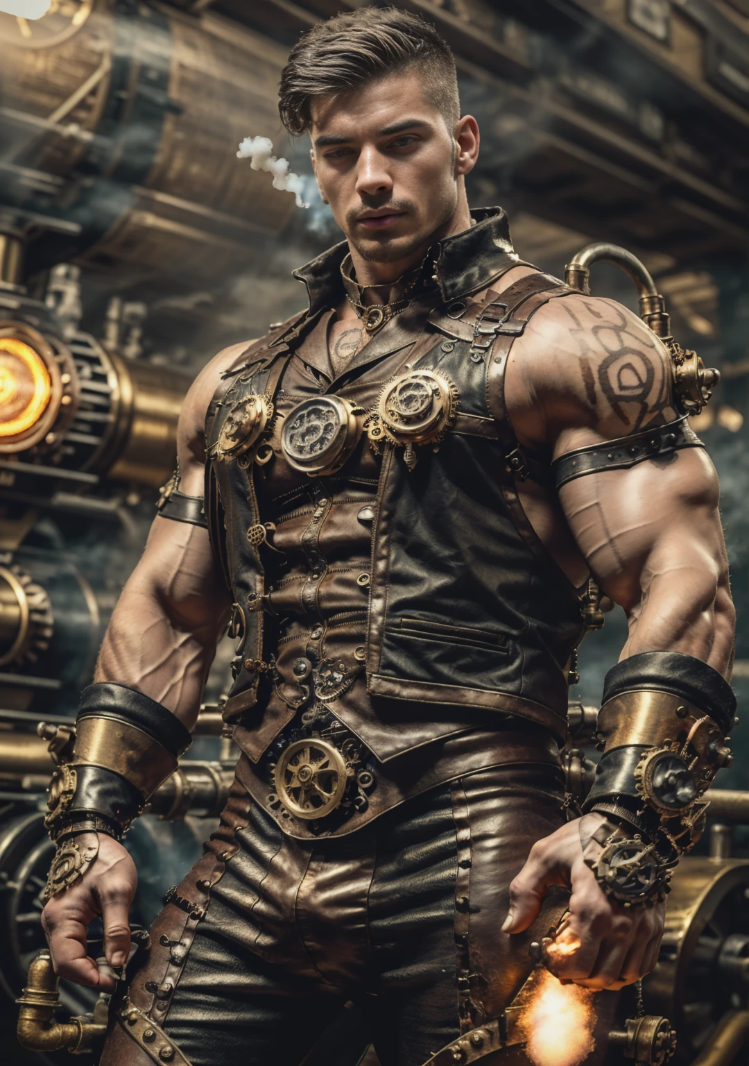 ((Masterpiece, High Quality)), Best Quality, highly detailed , ultrarealistic , cinematic ,realistic , photorealistic realistic eyes, intricate details, detailed background, depth of field, dynamic pose, dynamic angle ,male focus ,muscled man (1.0) ,handsome (detailed face) ,Young Arafed muscular chiseled very handsome man , (( steam4rmor,A muscular, veins on his arms , attractive tattooed man dressed in a detailed steampunk vest not covering his chest and abs(1.0), showing his muscled body with tattoos(1.0) ,The outfit includes leather straps, brass gears , a vest, and metallic accents. The man has a confident and alluring pose, with a mysterious expression. The background features an industrial steampunk setting with steam pipes, machinery, and a warm, vintage dark atmosphere , highly detailed, , detail face, tool enhancer ,slider 1.0)), realistic, masterpiece, intricate details, detailed background, depth of field, photo of a man ,looking like courage , ((light bokeh)) , highlighting the strong muscle lines , symbol of strength. Perspective and perspective: shooting from a low angle , highlighting the height and majesty of men. Or use a side perspective to show the posture and tattoo of a men.