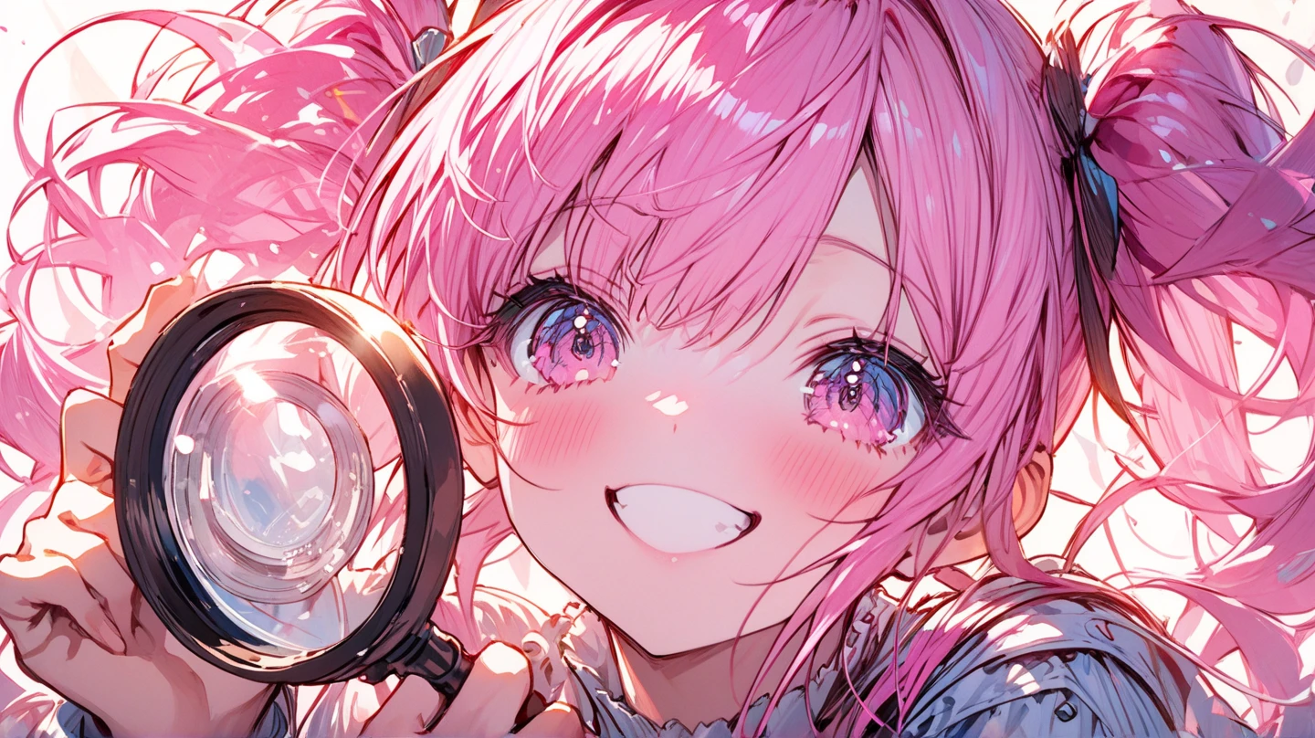 {{{masterpiece}}}, {{{best quality}}}, {{ultra-detailed}}, {illustration}, pink hair、 Twin Tails、smile、 and have a magnifying glass、2d