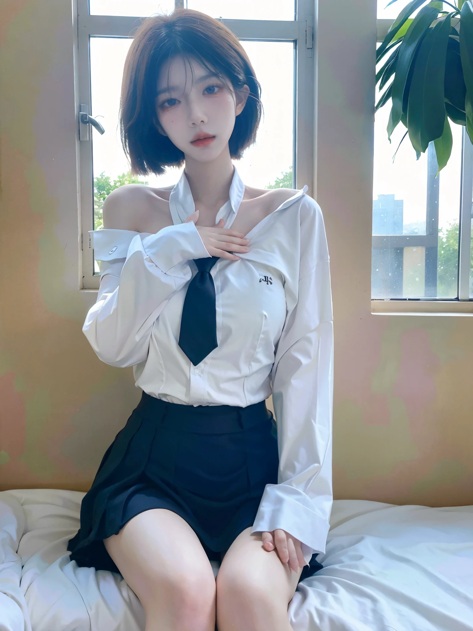 High resolution、8K quality、High resolution、masterpiece、(EOS 5Dmark4、ISO100、1/250、F1.8)、Full Specifications、whole body、Urzan-6500-v1.1、 (RAW Photos:1.2)、 (Realistic:1.4)、Beautiful detailed girl, double eyelid、Long eyelashes above and below the eyes、Curled lashes、Very detailedな目と顔, Beautiful attention to detail, Brown Hair、Medium Bob、bangs、Ridiculous, 信じられないほどRidiculous., Large file size, Very detailedな, High resolution, Very detailed, Highest quality, masterpiece, Chemomimi, (((JK Uniform)), shape, Very detailed, BAPV, Integrated, 8k wallpaper, wonderful, Fine details, masterpiece, Highest quality, Very detailedな YTD ユニフォーム 8k 壁紙、Light on the face,、Cinema Lighting、 One Girl、19 years old、((Lying in bed、Sleep posture))、 ((Spread your legs : 120° ))、(Panty shot)))、(Camel Toe)、 (half)、 No shirt、((White bra、Navy blue pleated skirt、mini skirt、panties、socks))only,