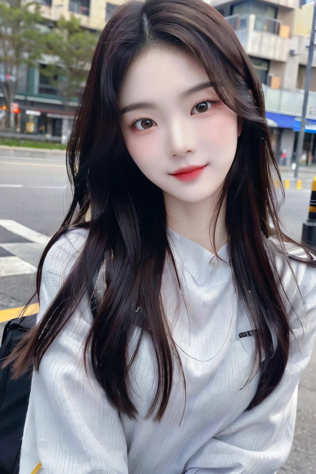 ((Masterpiece, high resolution, ultra detailed, 8k, raw photo)), 1 girl, graceful, soft skin, delicate face, perfect face, perfect eyes, (lying silkworm), brown hair, long wavy hair, long sleeved t-shirt, cargo pants, random pose, sexy girl, (smile: 0.7)